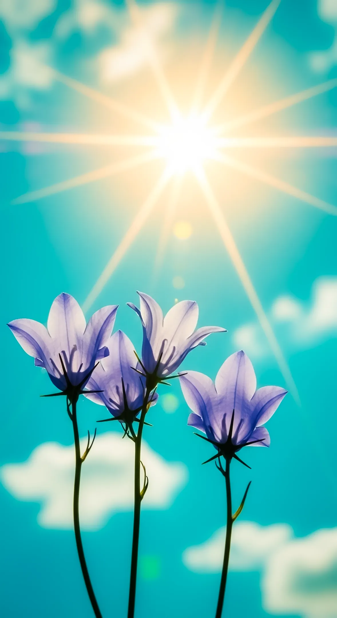 Bellflowers against a bright blue sky with a sunburst, a perfect flower background for iPhone and flower phone