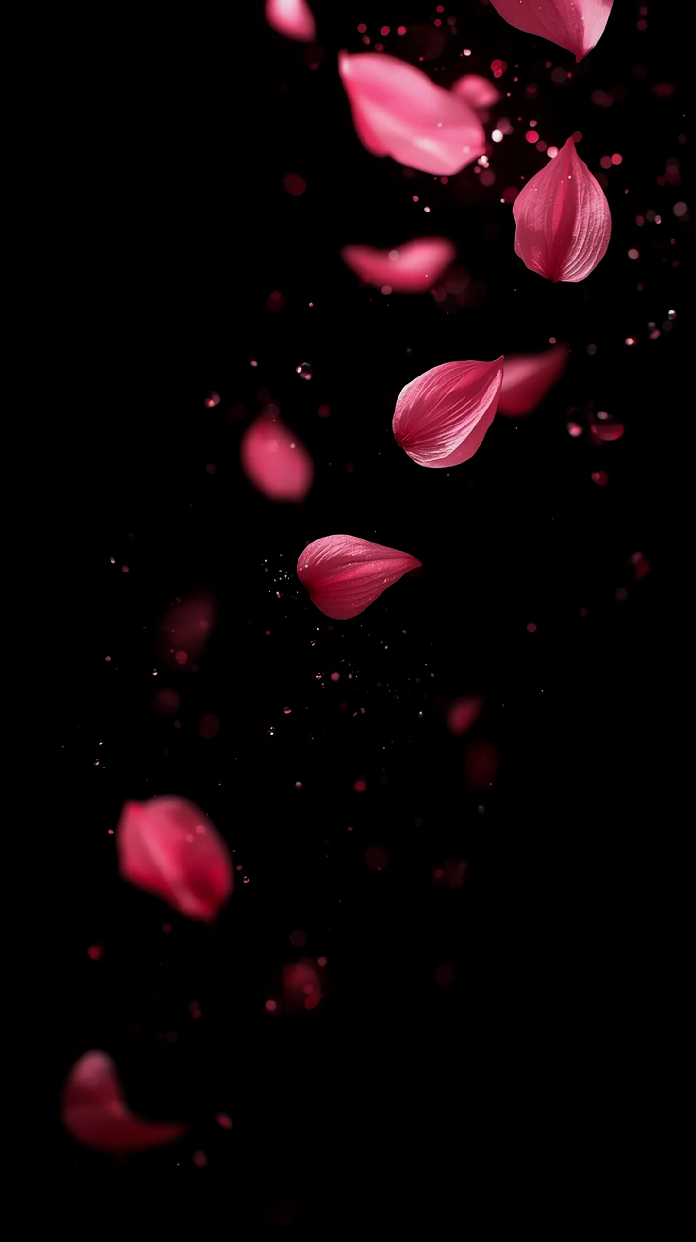 Pink petals falling against a black background, ideal as an amoled wallpaper 4k for mobile, iphone wallpaper 4k, 4k