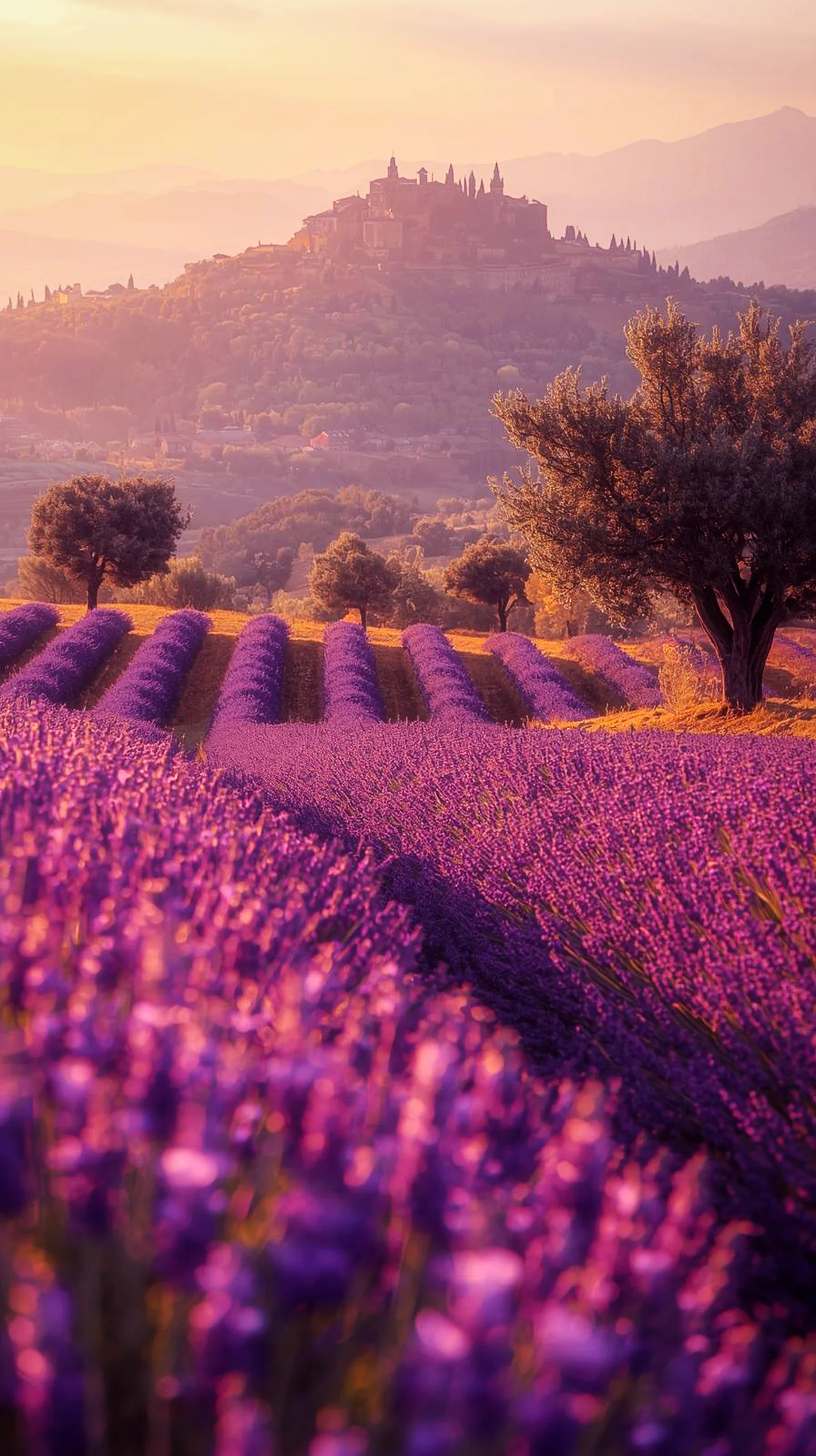A vibrant lavender field in Provence under a sunset sky with a hilltop village in the background, 4K mobile wallpaper.