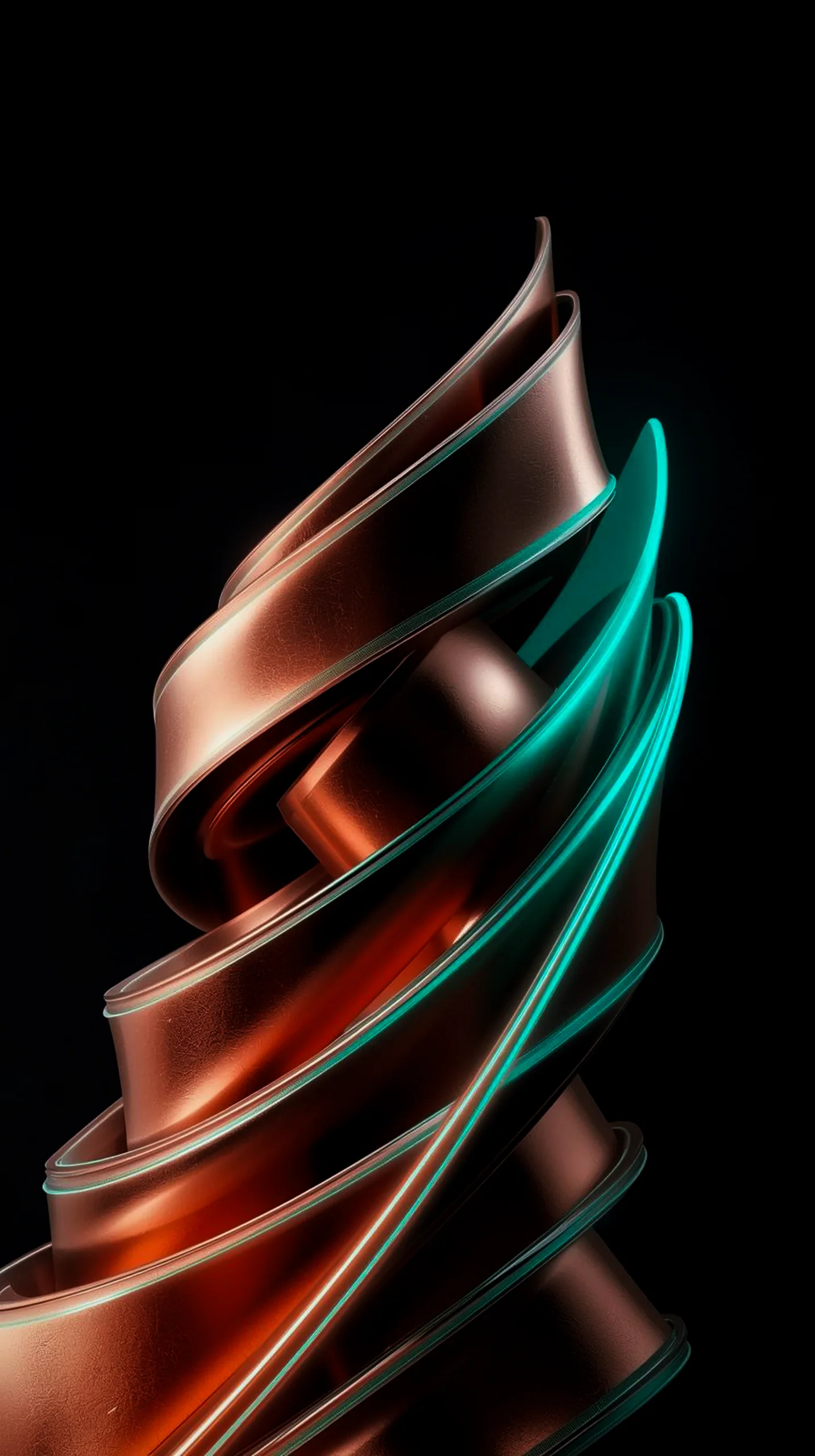 A dark abstract wallpaper featuring a swirling metallic copper form with bright teal neon light accents against a black