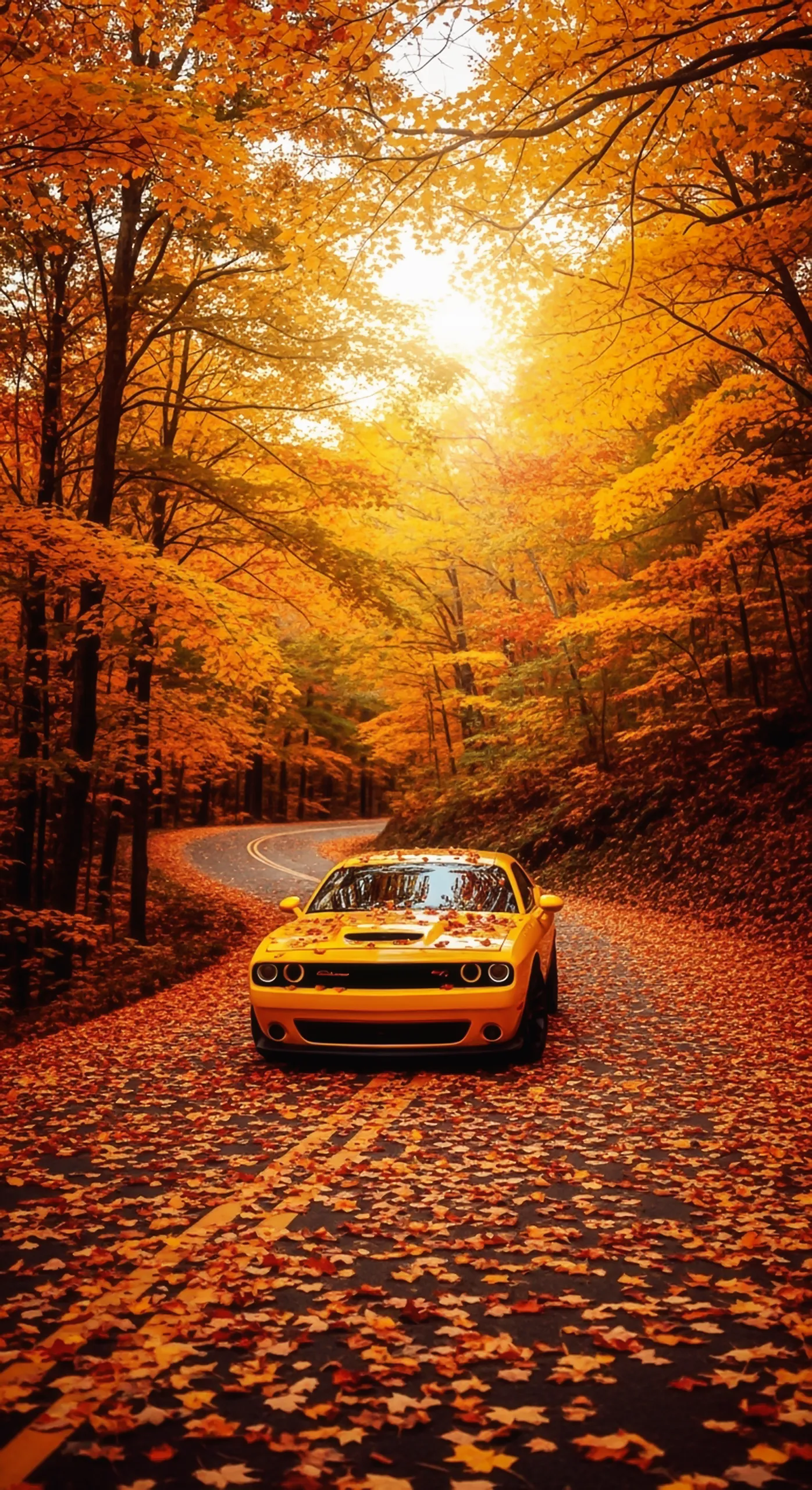 Yellow car iphone wallpaper, car wallpaper 4k for mobile, and car wallpaper4k for mobile in autumn forest.