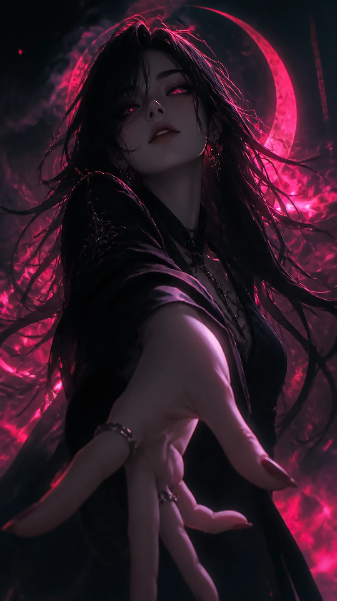 Anime dark wallpaper — reaching crimson sorceress anime girl with glowing red eyes reaching out her hand under a crimson crescent moon background