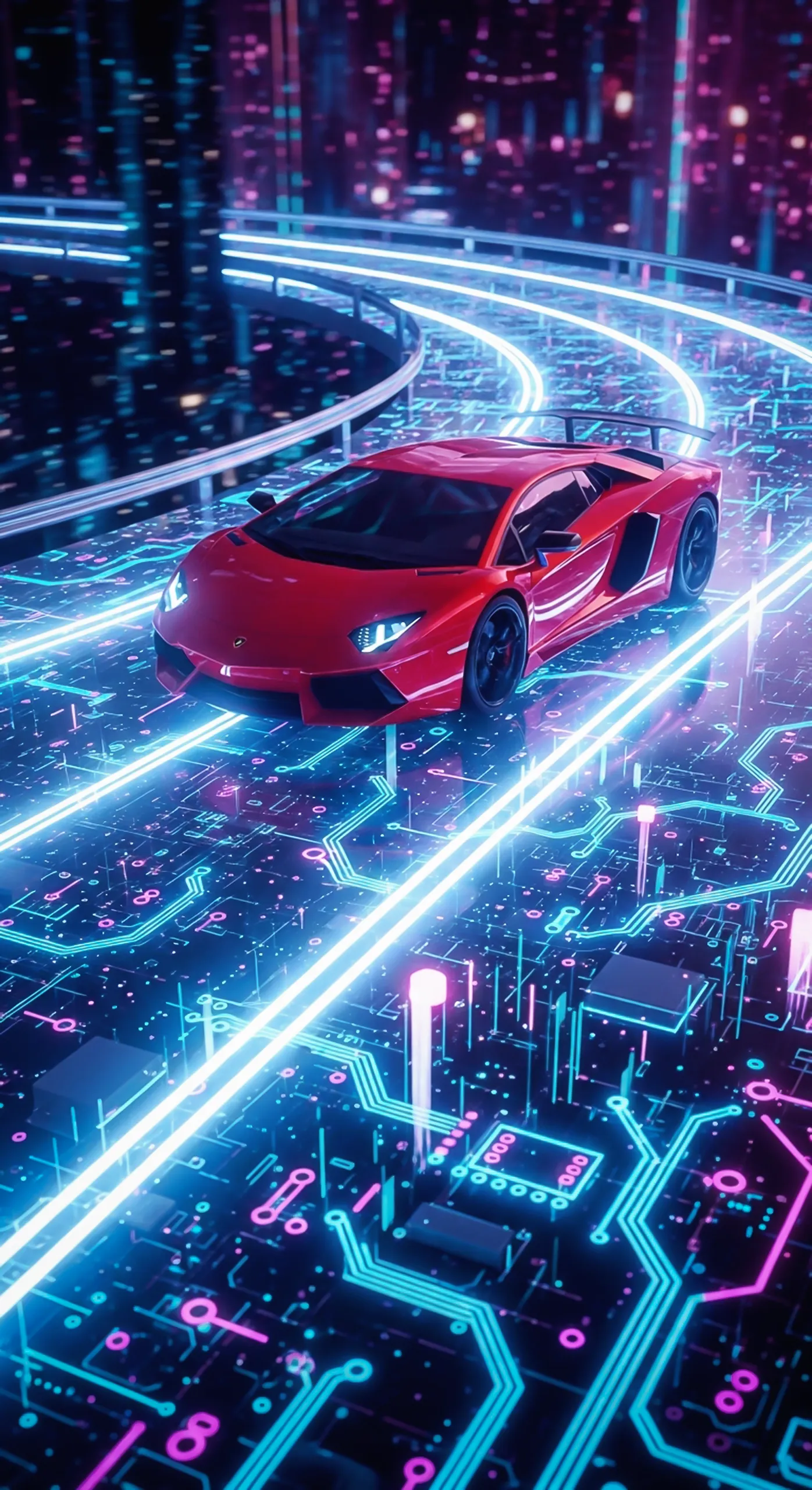 Red supercar on neon circuit road - car iphone wallpaper, car wallpaper 4k for mobile, car wallpaper4k for mobile.