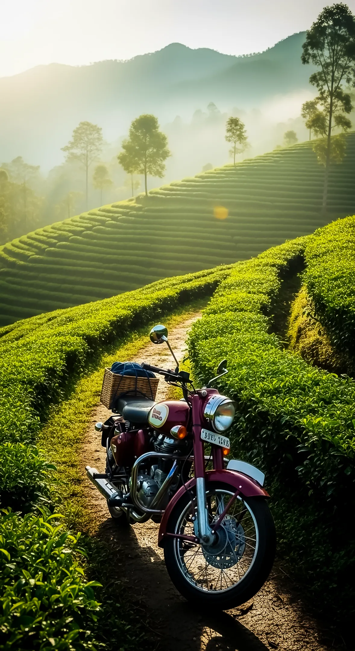 Vintage Motorcycle on Tea Plantation Path: 4K iPhone Wallpaper & Mobile Backgrounds