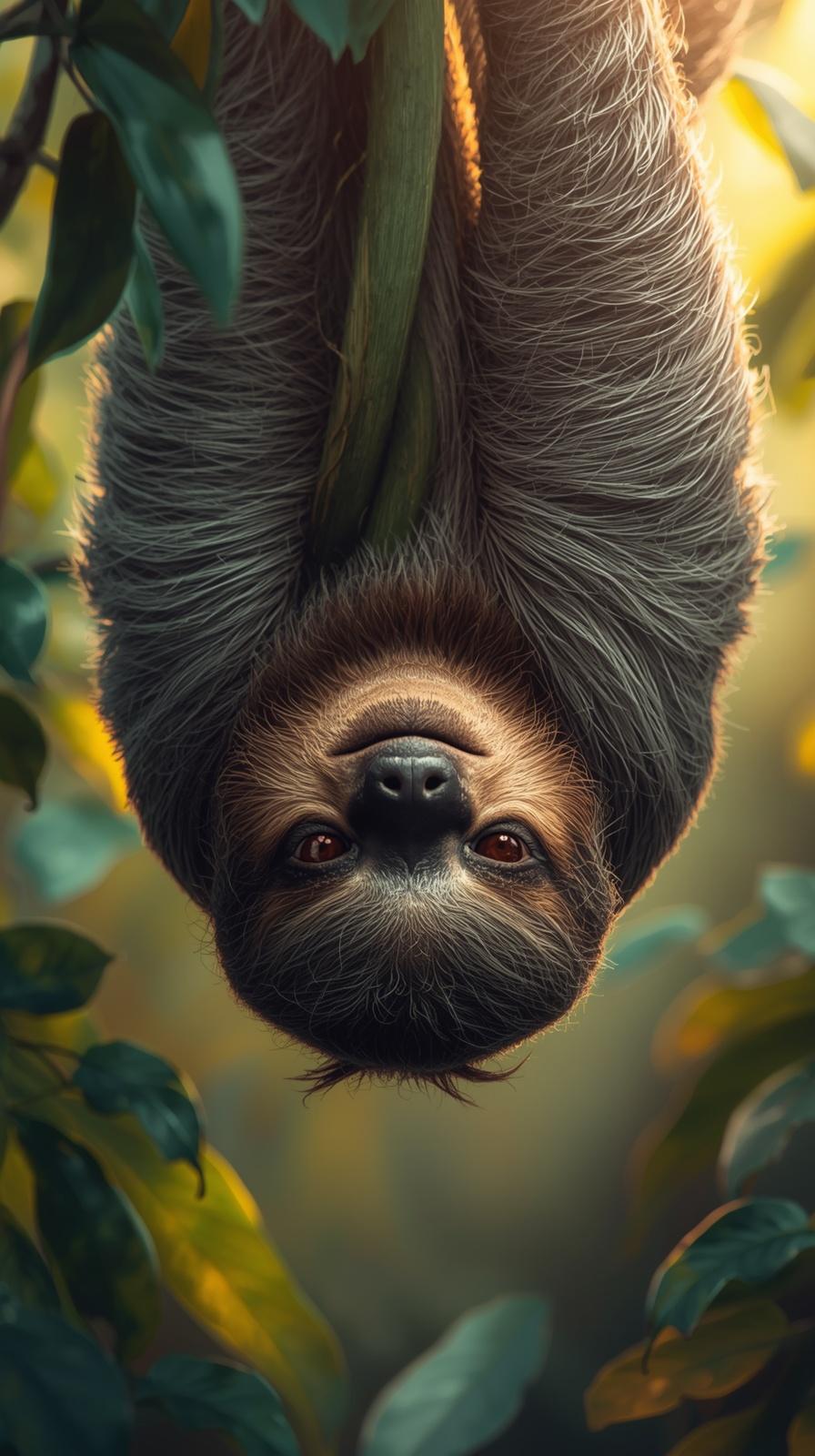 Adorable sloth hanging upside down in a lush, sunlit forest.