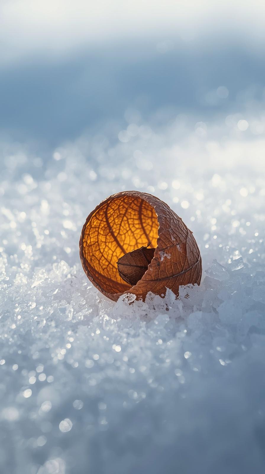 A translucent brown seed pod glowing with golden light on top of glistening white snow crystals.
