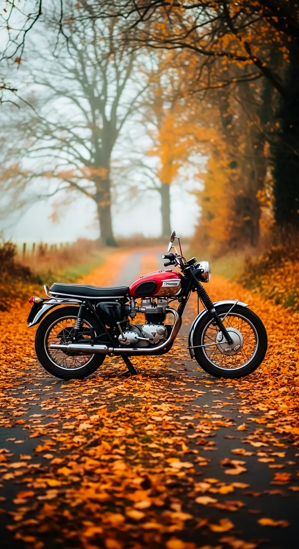 Vintage motorcycle on a leaf-covered road, ideal phone wallpaper, iPhone wallpaper 4K, 4K wallpaper for mobile, cute