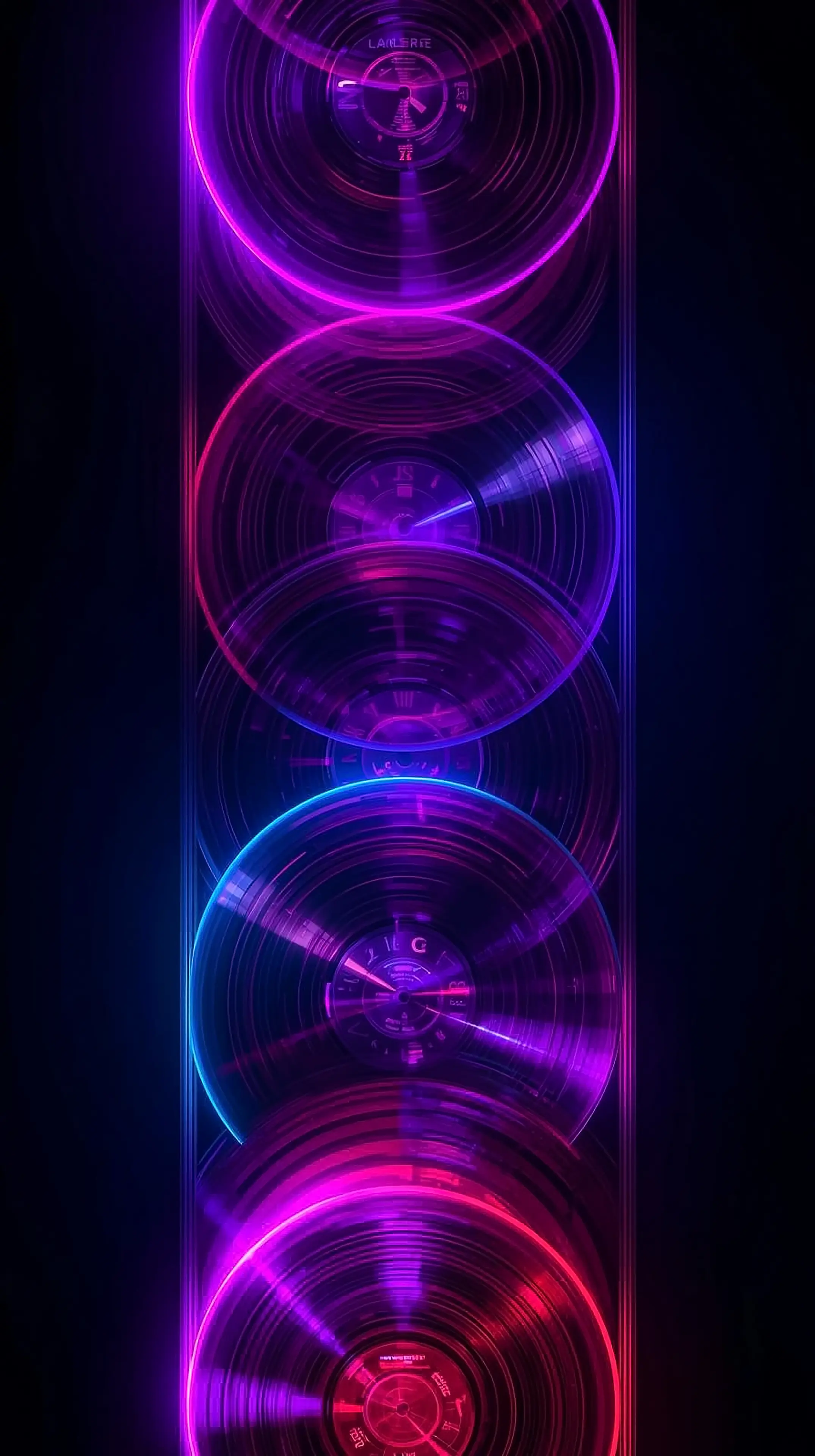 4k wallpaper for mobile Neon Glow Vinyl Records Stack, Futuristic Purple Pink Blue Transparent Discs with Radiant Light Trails and Cyber Aesthetic
