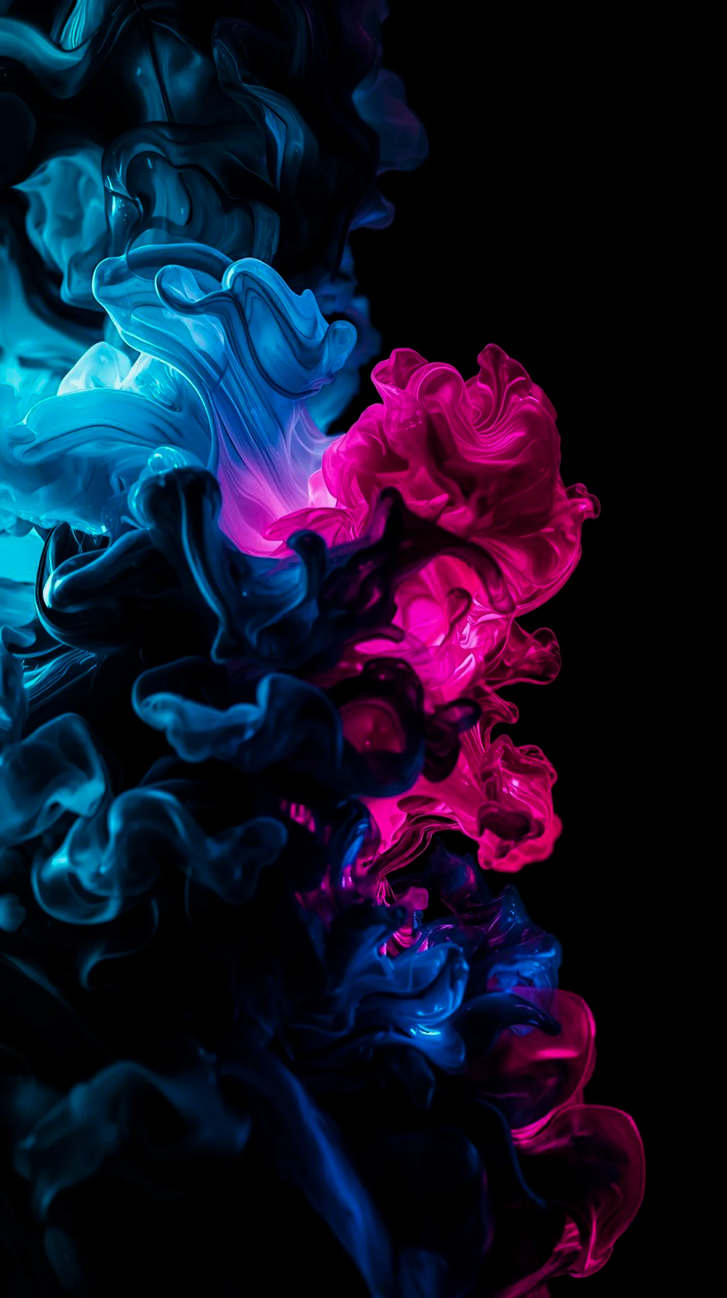 AMOLED wallpaper 4K for mobile featuring abstract pink and blue ink swirls on black. Ideal for iPhone wallpaper 4K, 4K
