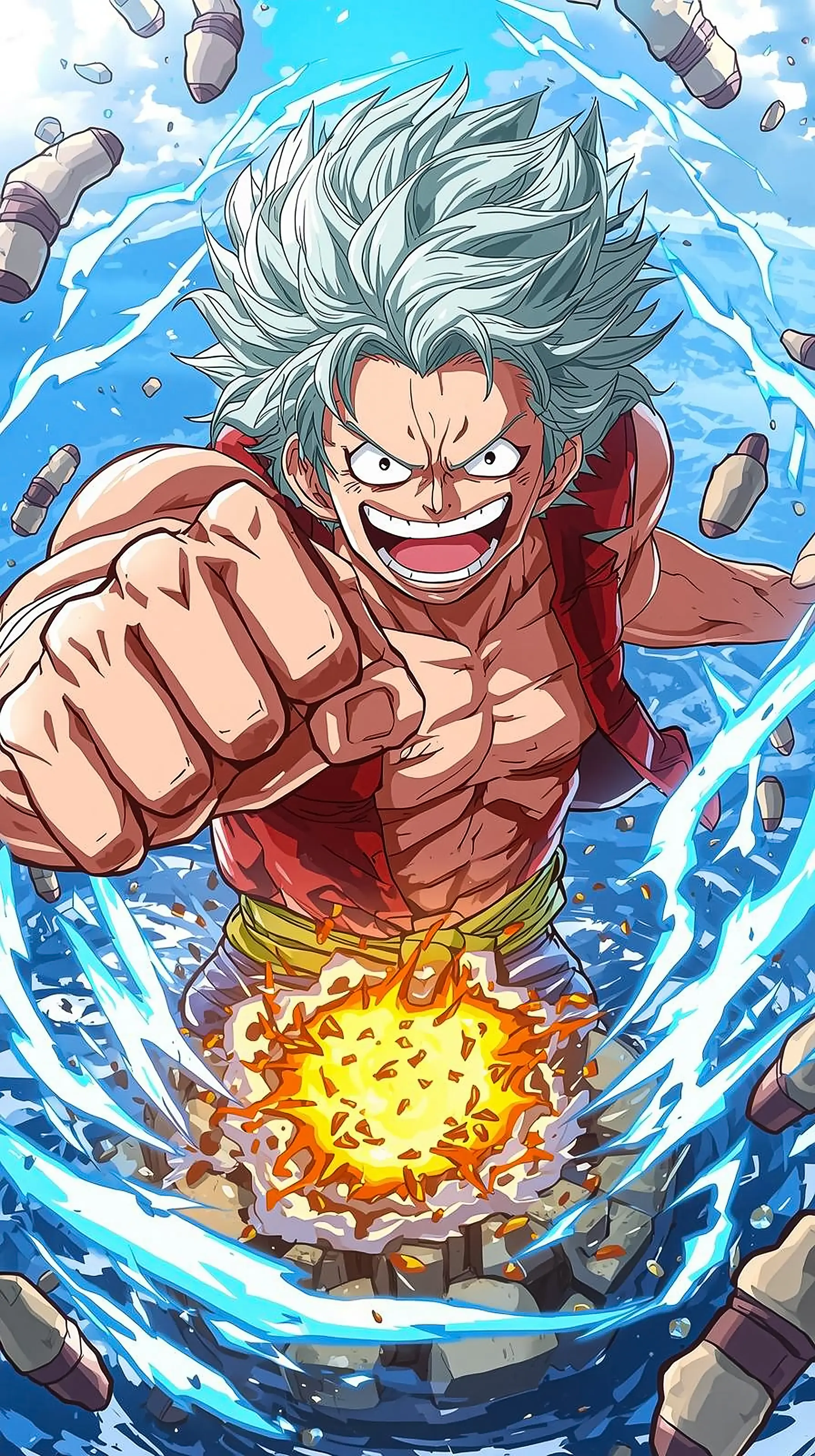 4k wallpaper for mobile Epic Monkey D Luffy Gear Fifth Form Laughing Wild Silver Hair Massive Punch Crater Energy Burst Ocean Splash Anime Power