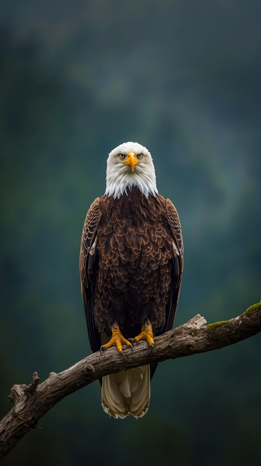 Bald eagle perched on a branch with intense gaze, nature background.