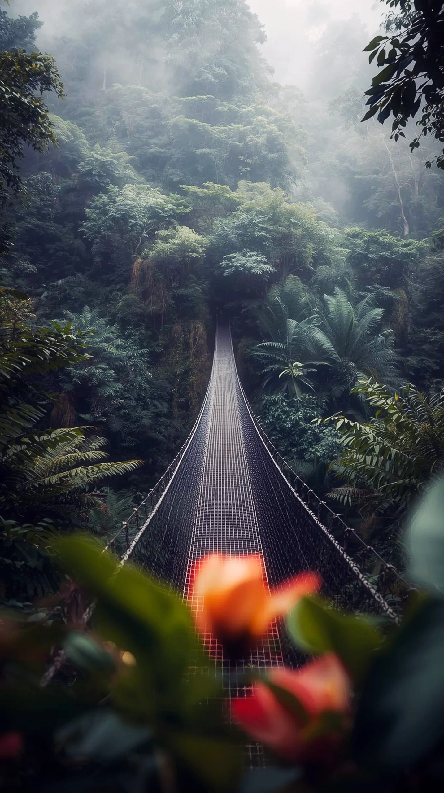 Misty rainforest suspension bridge 4K wallpaper for mobile, wallpaper for phone, cute 4K wallpaper for iPhone, 4K