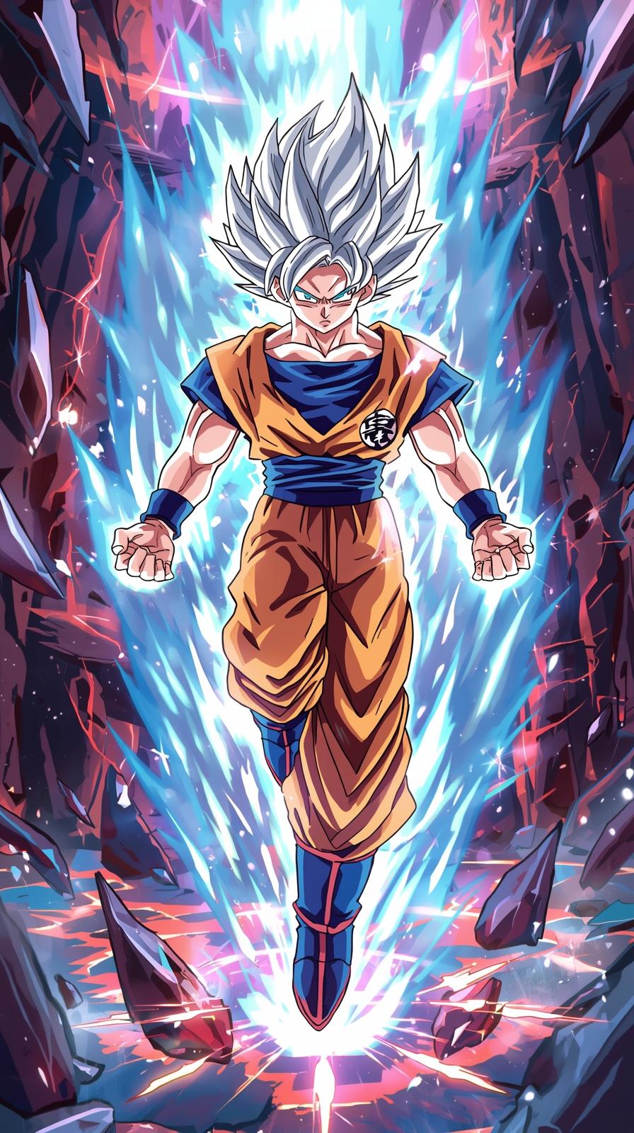 4k resolution wallpaper for mobile – Iconic anime warrior with silver hair standing in a powerful blue aura of energy wi