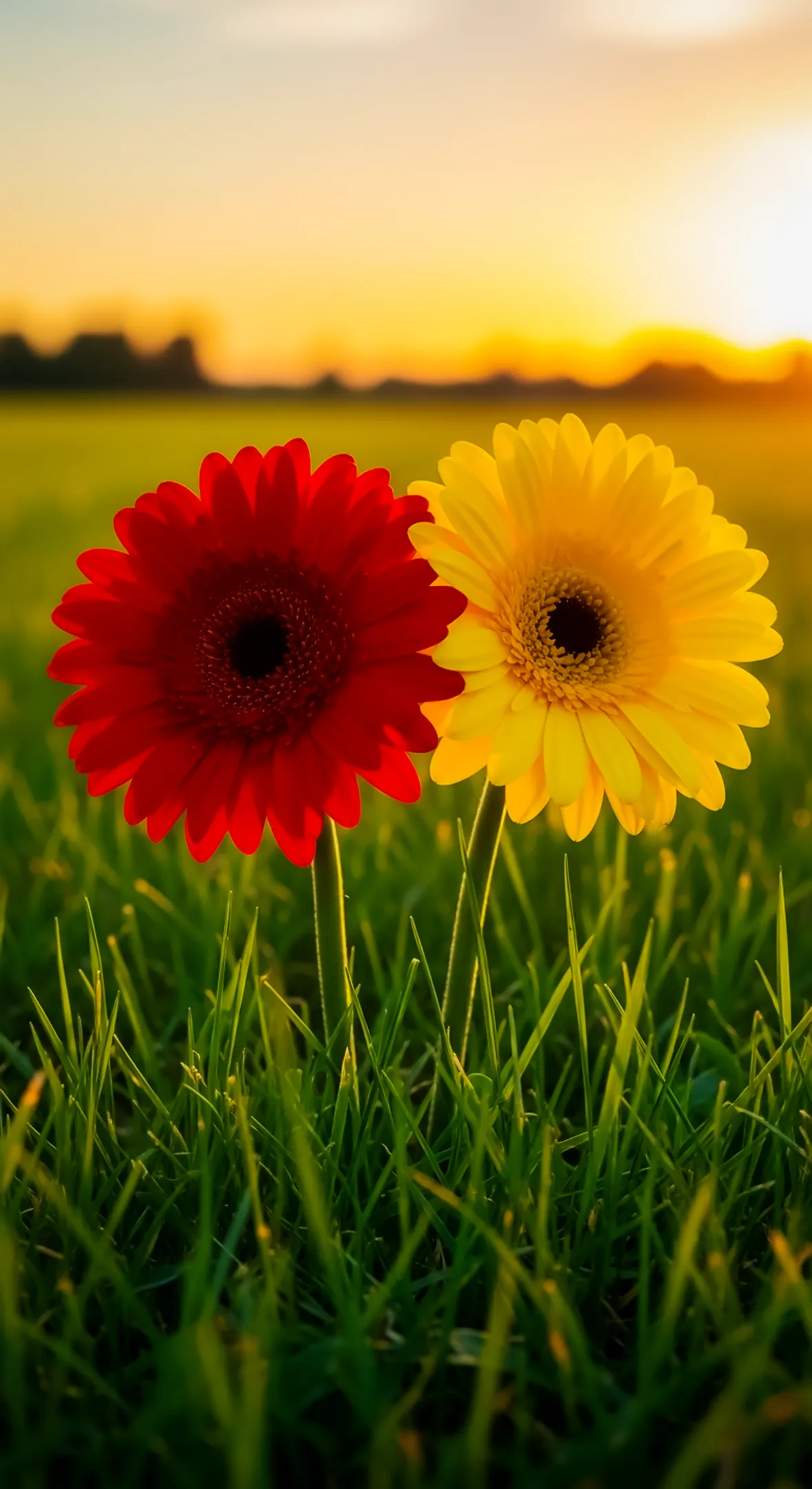 Red and yellow gerbera daisies in grass at sunset, a perfect flower background for iPhone and flower phone wallpaper.