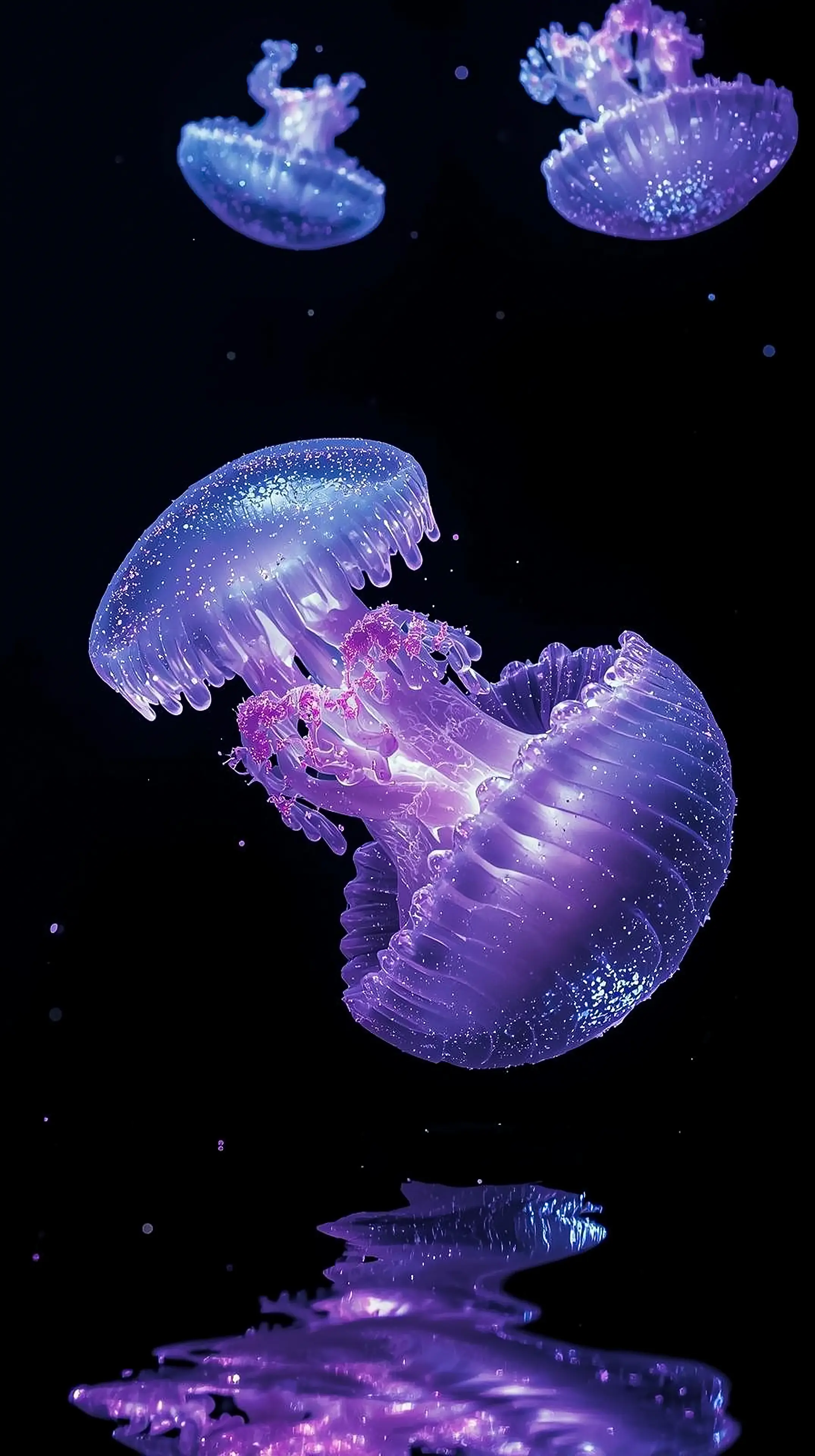 4k wallpaper for mobile Ethereal Glowing Jellyfish Underwater, Neon Purple Blue Bioluminescent Medusa with Sparkling Tentacles on Dark Ocean Background