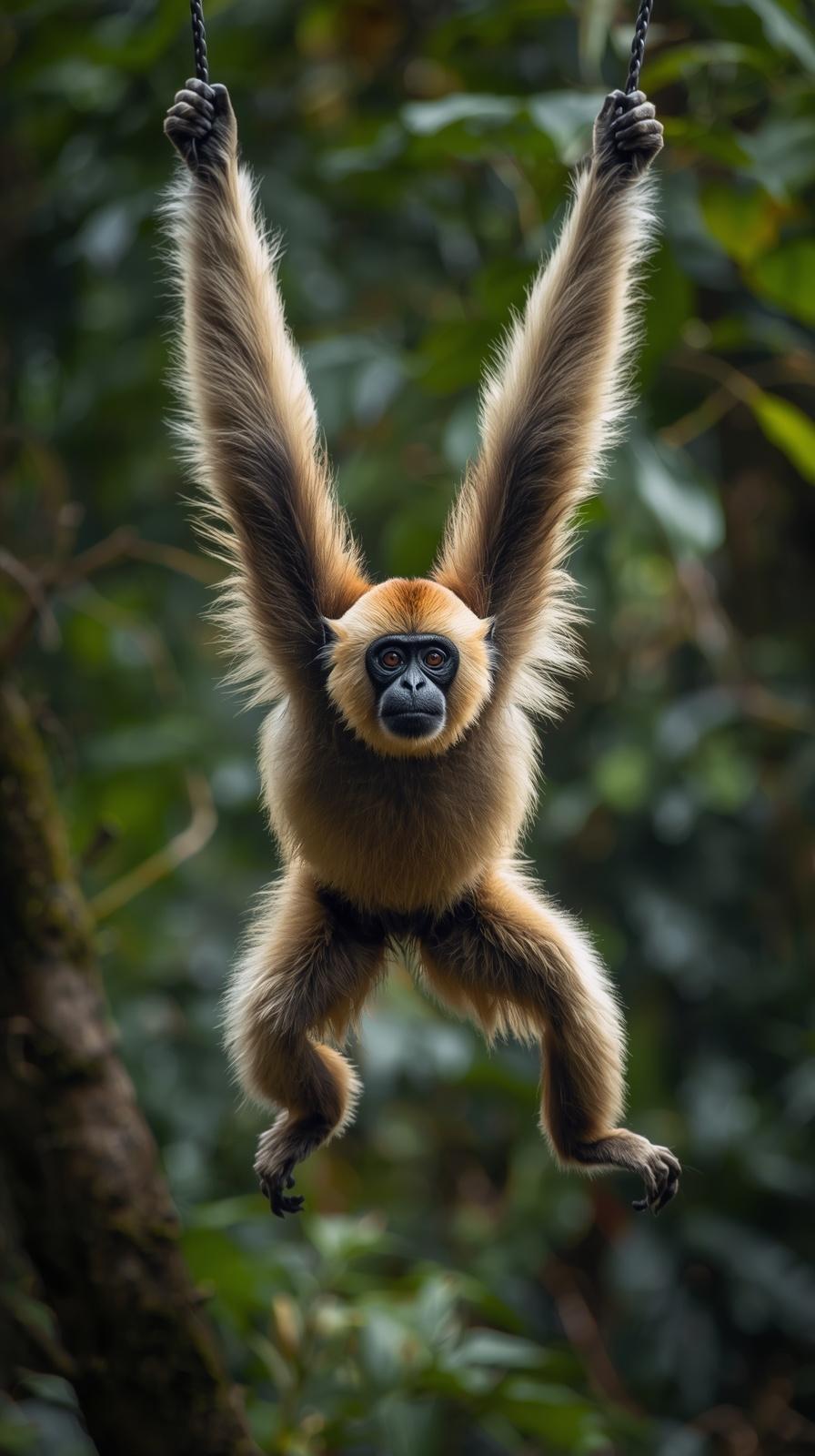 Gibbon swinging through trees, majestic and wild jungle scene.