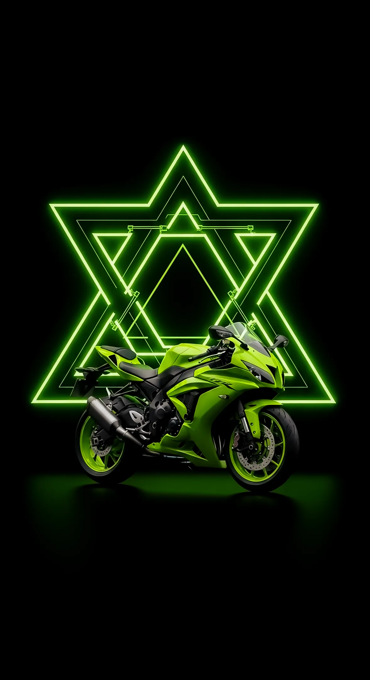 Neon green superbike with geometric neon star background, perfect 4k wallpaper for mobile and iphone.