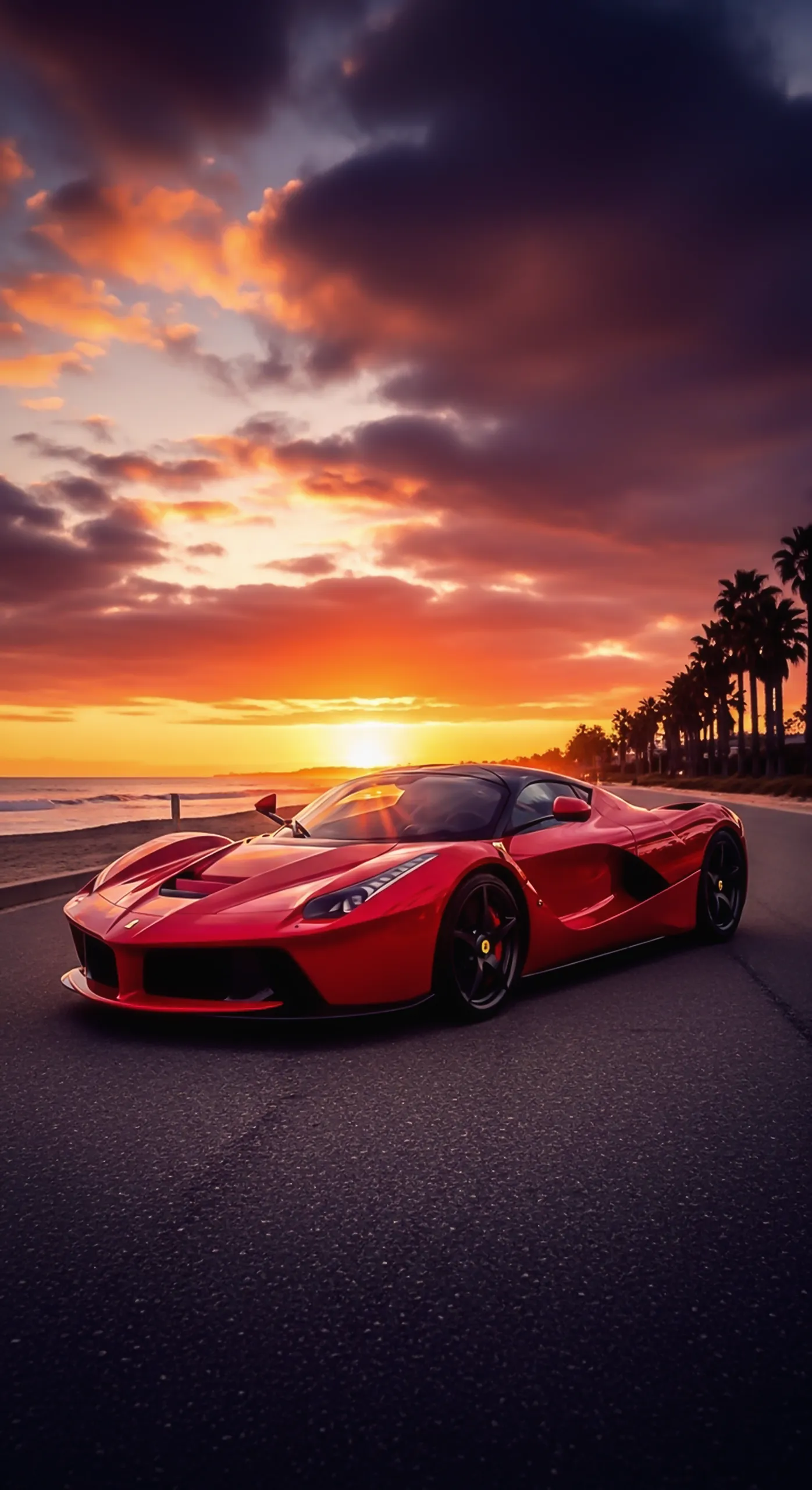 Red Ferrari car iPhone wallpaper, car wallpaper 4K for mobile, sunset beach road