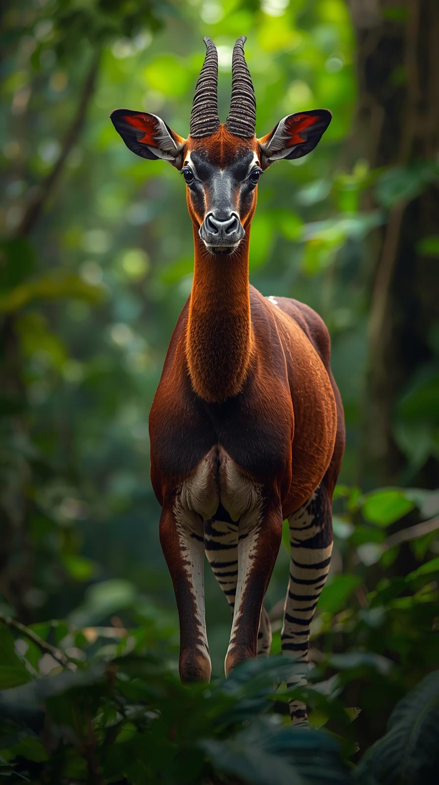 Okapi in a lush green forest, looking directly at the camera.