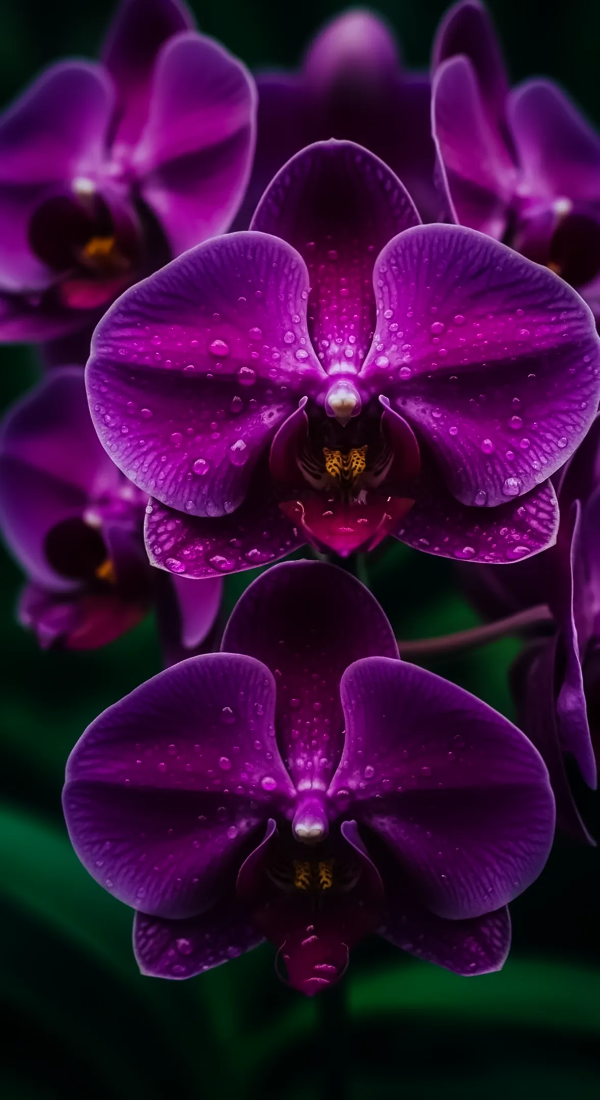 Close-up of a vibrant purple orchid with water droplets, ideal as a flower background for iPhone, flower phone
