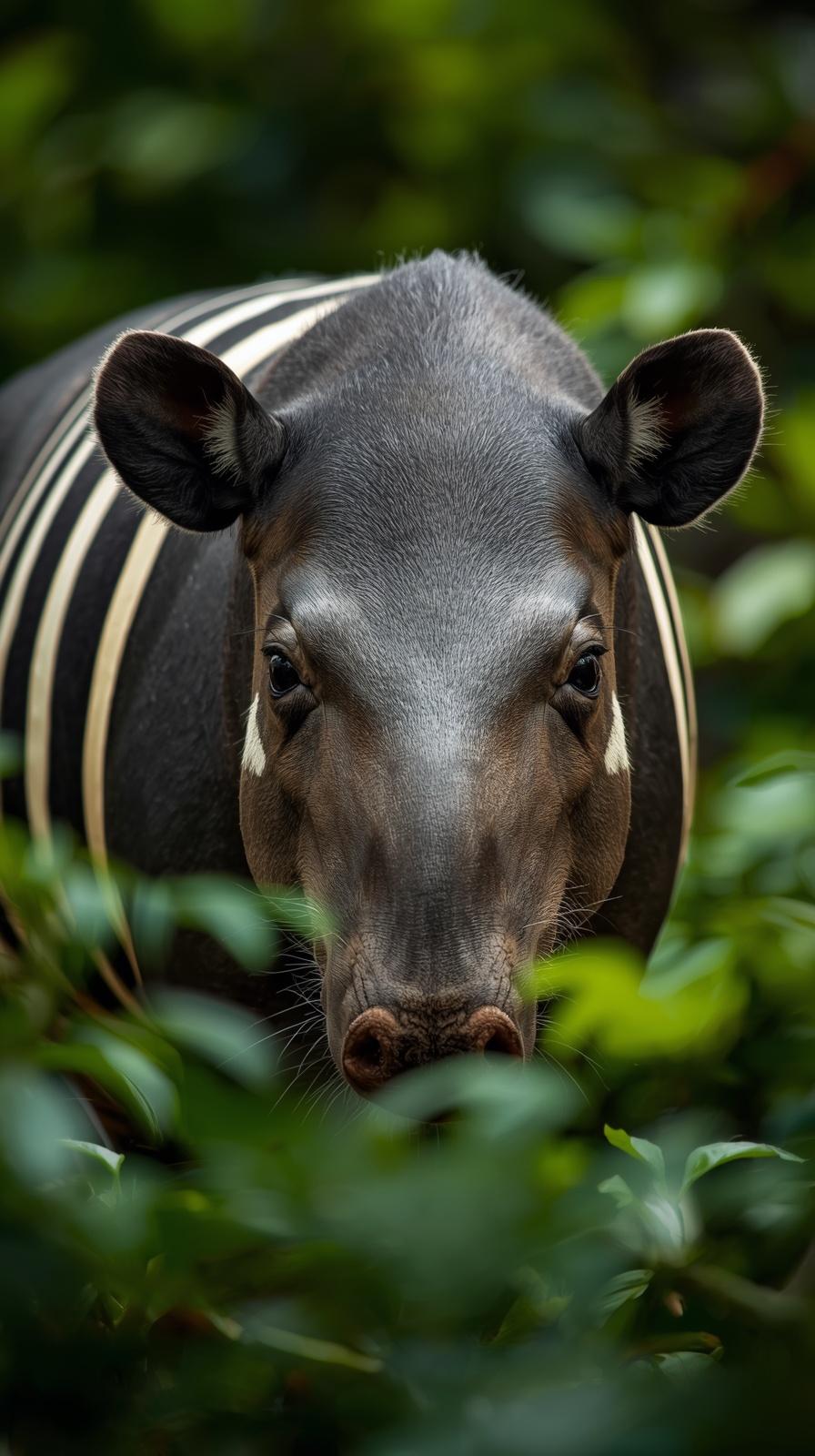 Close-up of a striking Asian Tapir with black and white stripes peeking through green foliage.