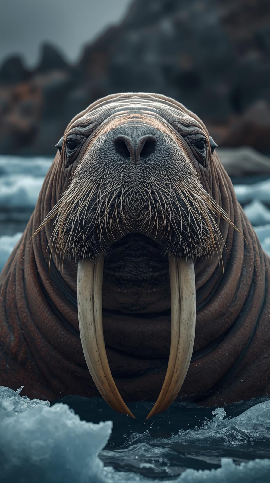 A majestic walrus with long tusks swimming in icy Arctic waters.