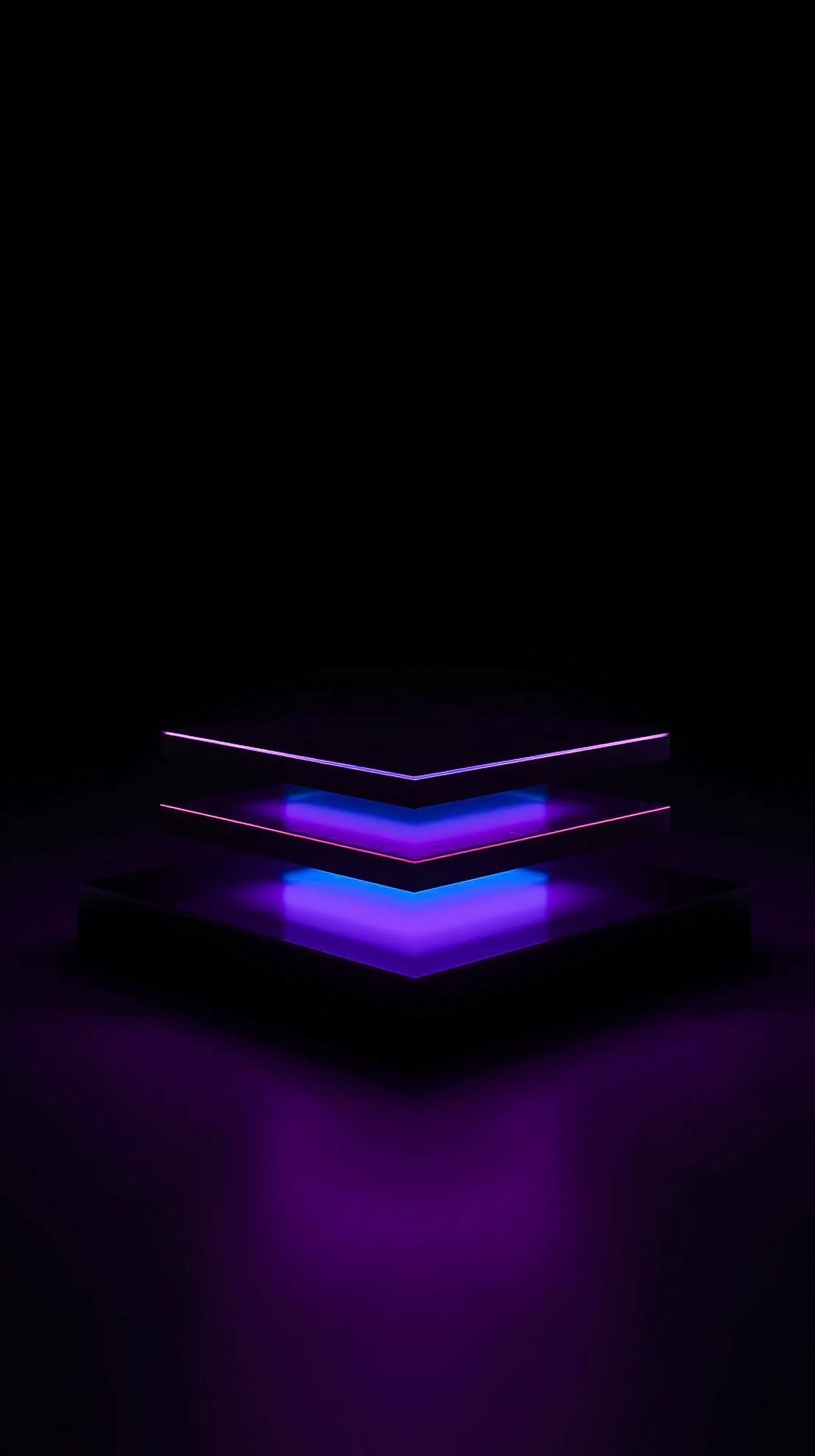 4k wallpaper for mobile Floating Purple Glass Squares, Neon Edge Glow Layered Transparent Panels on Deep Black Futuristi