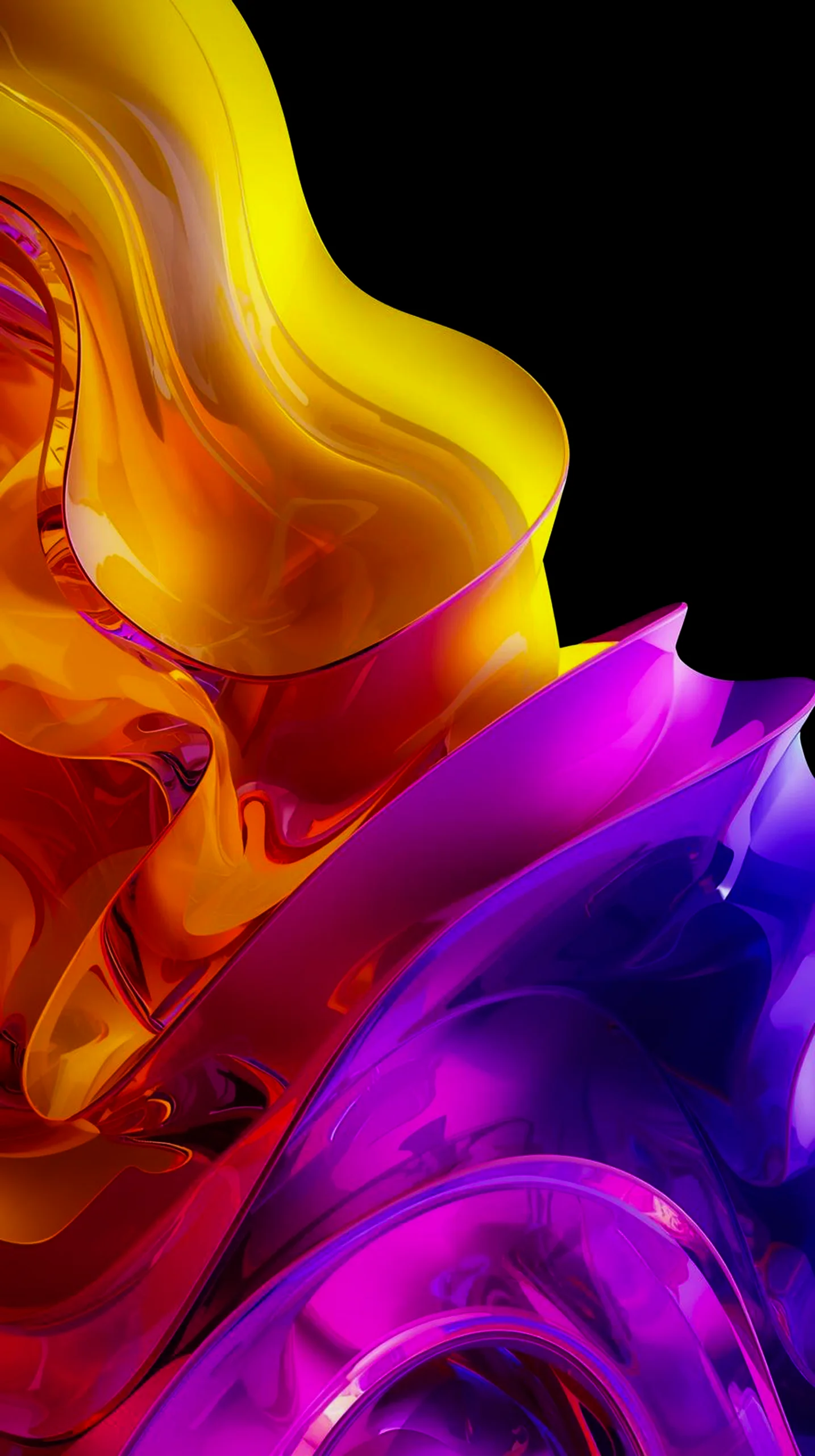 Abstract dark AMOLED mobile wallpaper with flowing waves of vibrant yellow, orange, red, and purple colors.