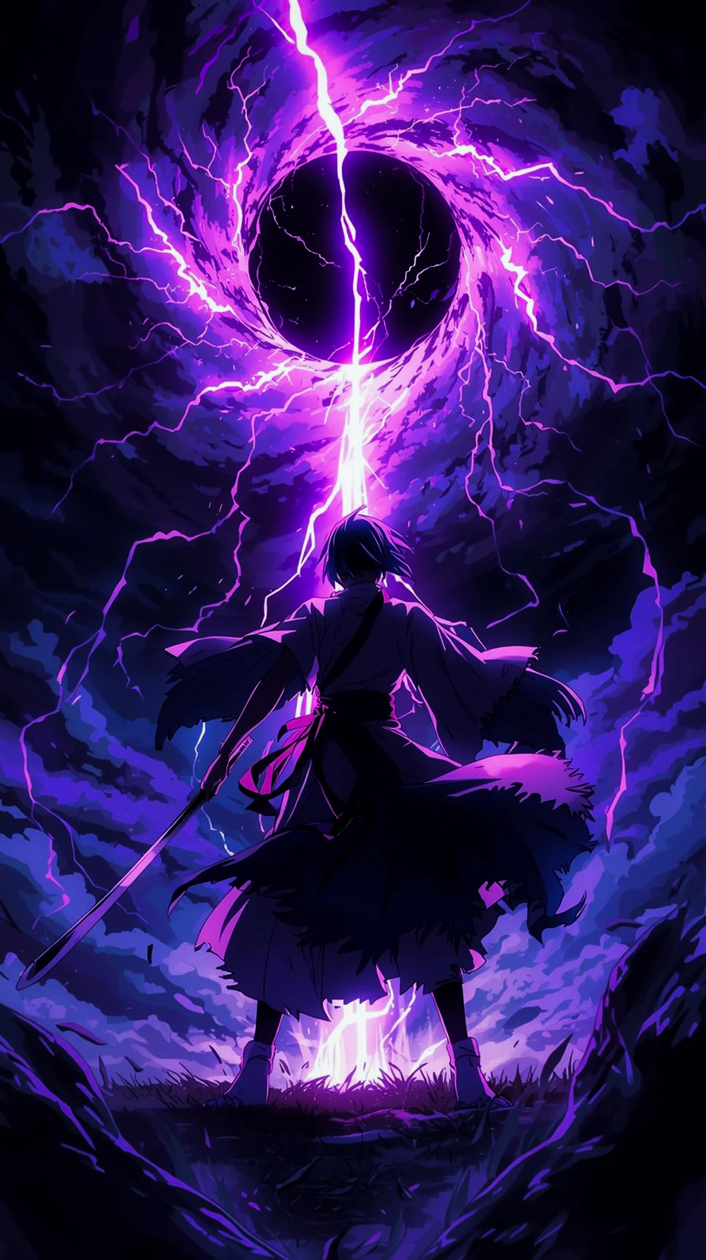 epic purple lightning samurai warrior wallpaper for mobile 4K