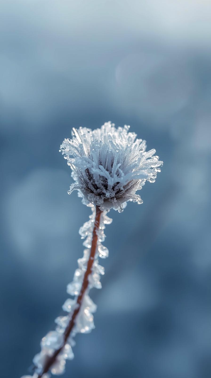 Close-up of a frost-covered flower head with sharp ice crystals against a blurred blue background.