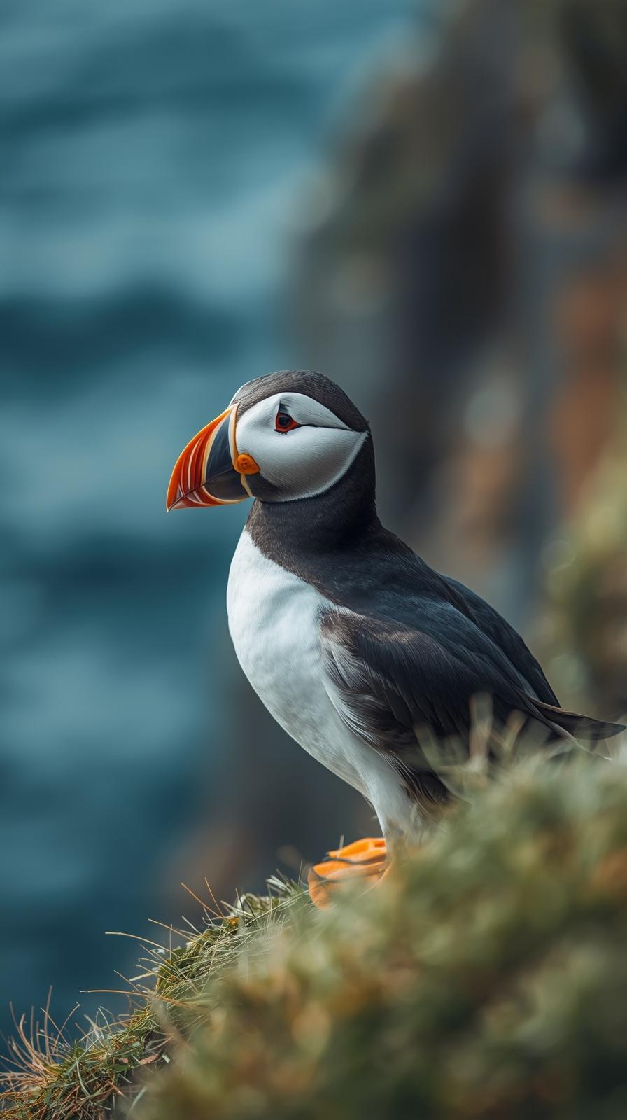 A majestic Atlantic puffin perched on a cliff with a moody ocean background.