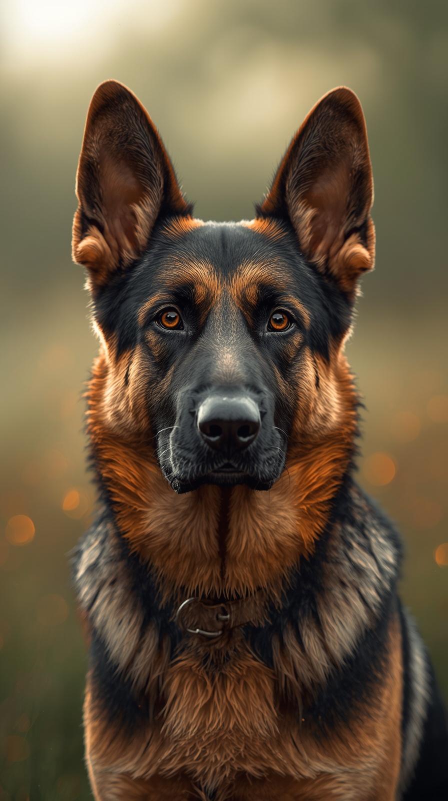 A majestic German Shepherd dog portrait with a soft blurred bokeh background.