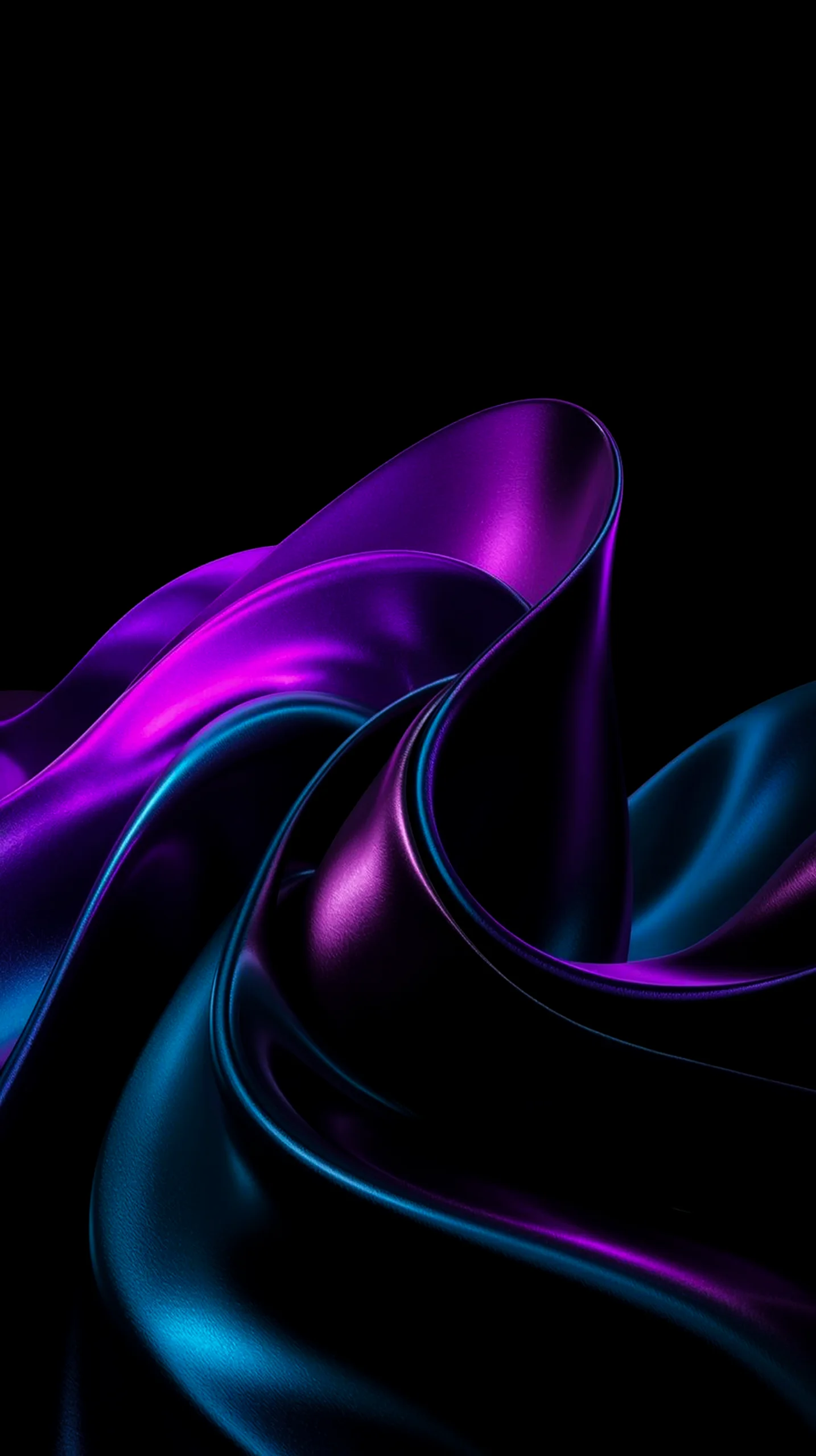 AMOLED wallpaper 4K for mobile with iridescent purple and teal fabric swirls on black. iPhone wallpaper 4K, 4K