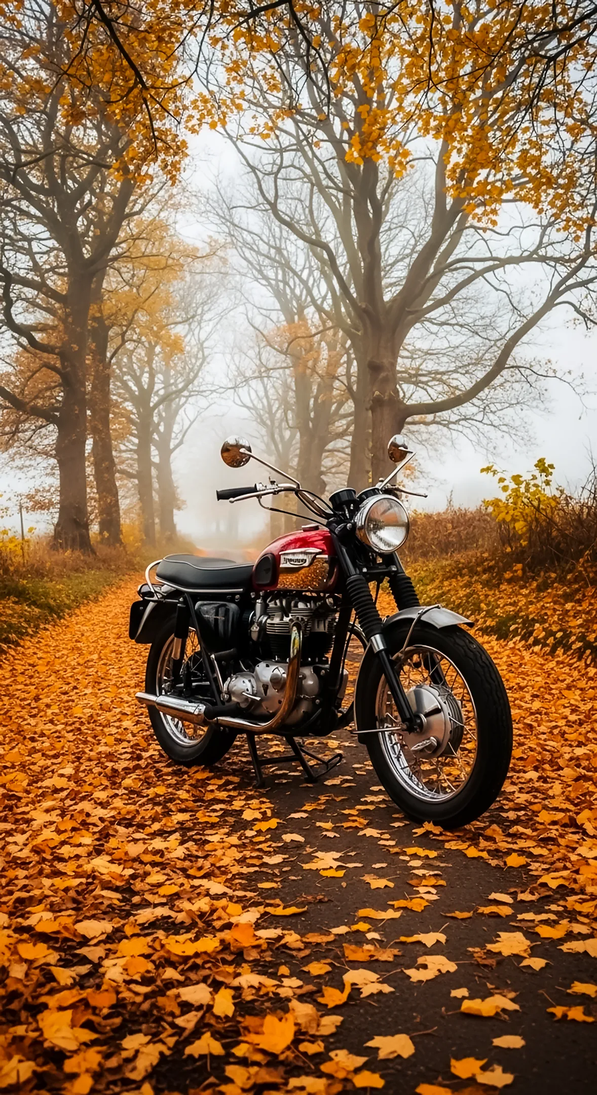 Vintage motorcycle on an autumn path covered in fallen leaves. Ideal phone wallpaper, iPhone wallpaper 4K, 4K wallpaper