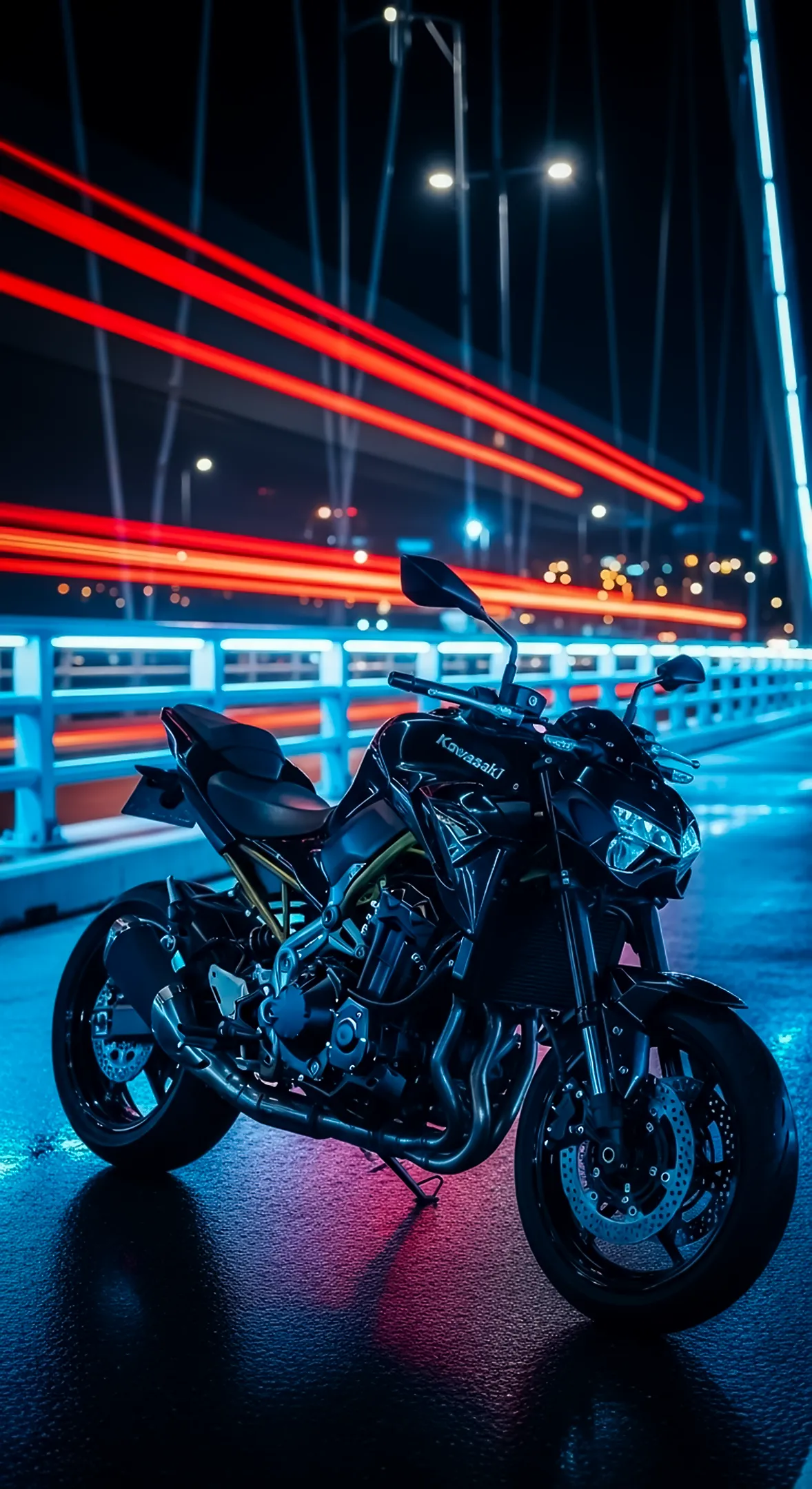 Black Kawasaki motorcycle on a neon bridge at night. Excellent phone wallpaper, iphone wallpaper 4k, and 4k wallpaper