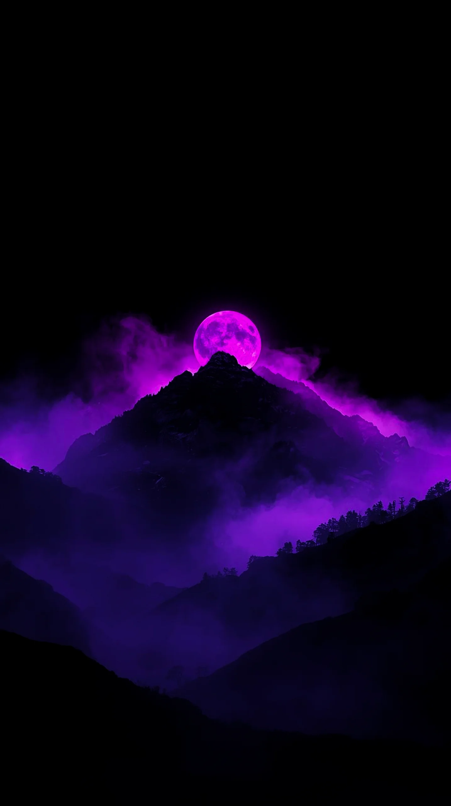 Purple moonlit mountains with fog, AMOLED wallpaper 4K for mobile, iPhone wallpaper 4K, 4K wallpaper for mobile,