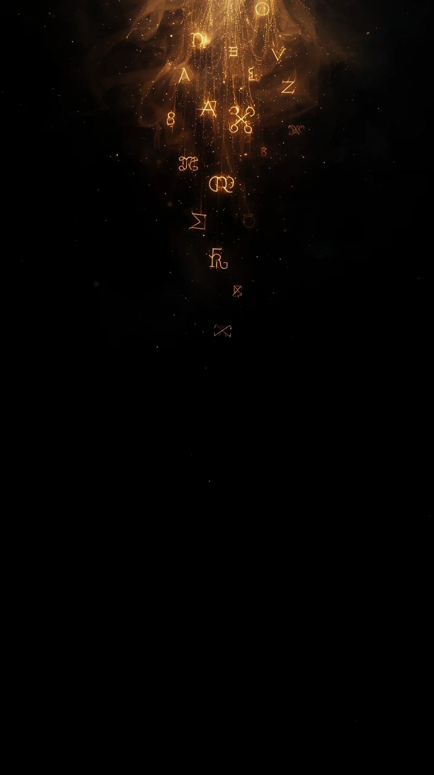 AMOLED wallpaper 4K for mobile with golden mystical symbols and runes falling on a black background. Ideal for iPhone