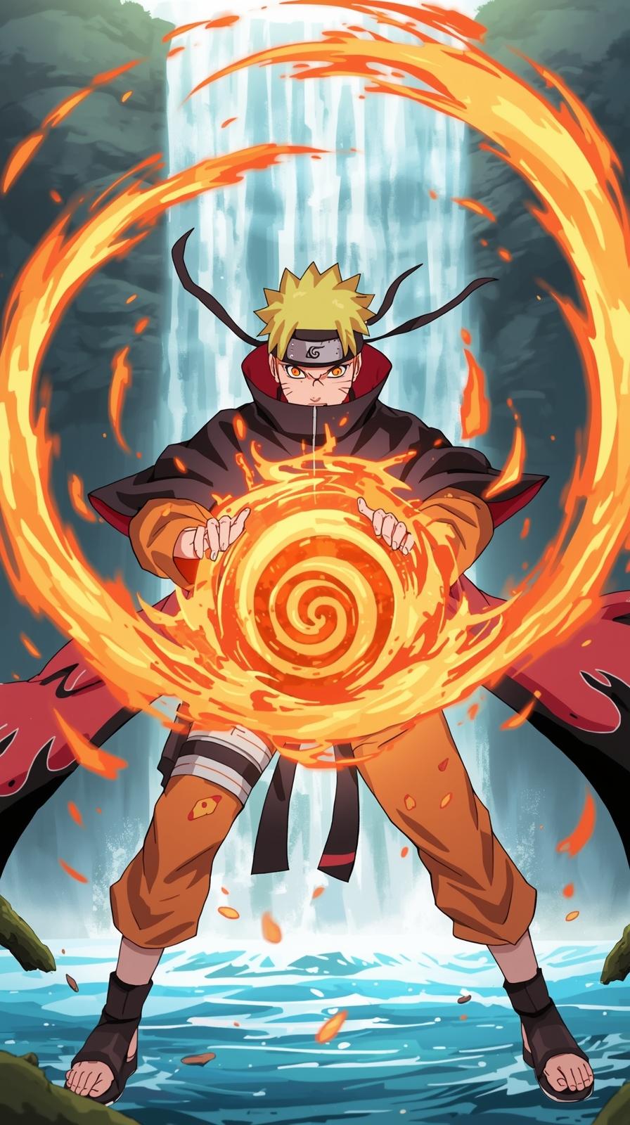 Action anime character performing a powerful fire jutsu with a swirling orange energy orb in front of a massive blue waterfall background.