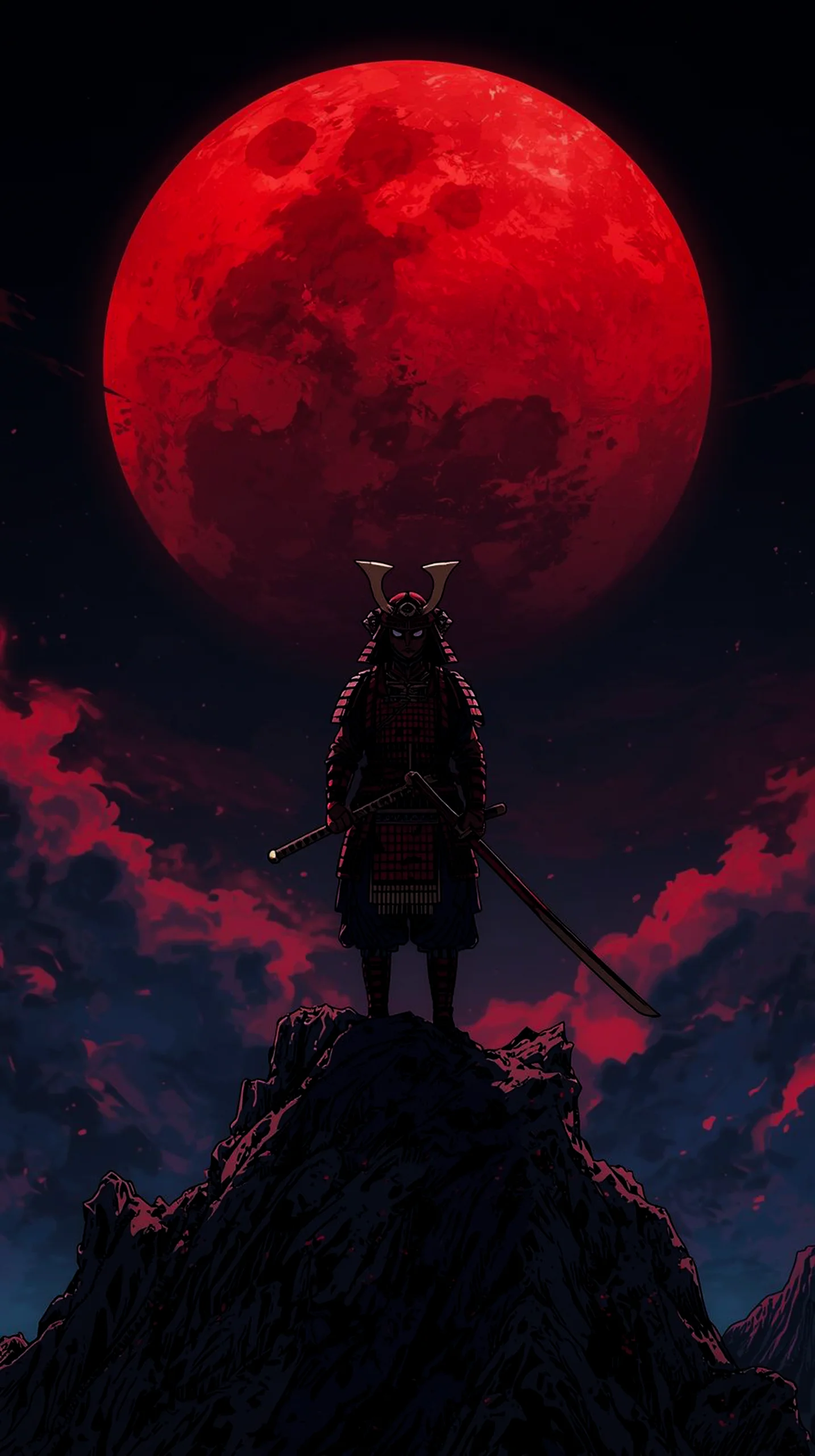 dark samurai warrior under red moon wallpaper for mobile 4K