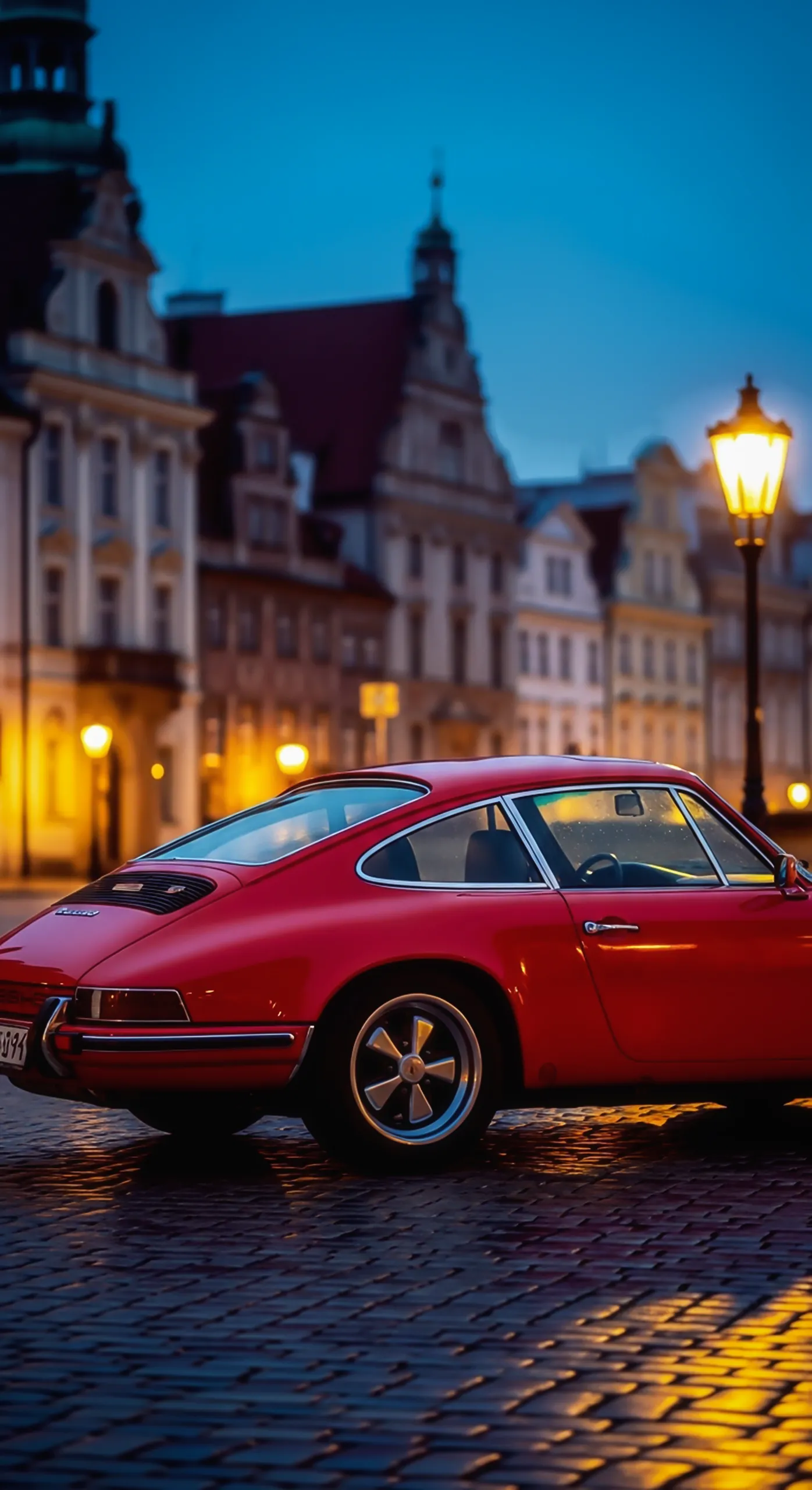 Classic Red Porsche Car iPhone Wallpaper 4K for Mobile - A beautiful car wallpaper 4k for mobile and car wallpaper4k for mobile, perfect for your car iphone wallpaper collection, featuring a vintage car on a charming night street.