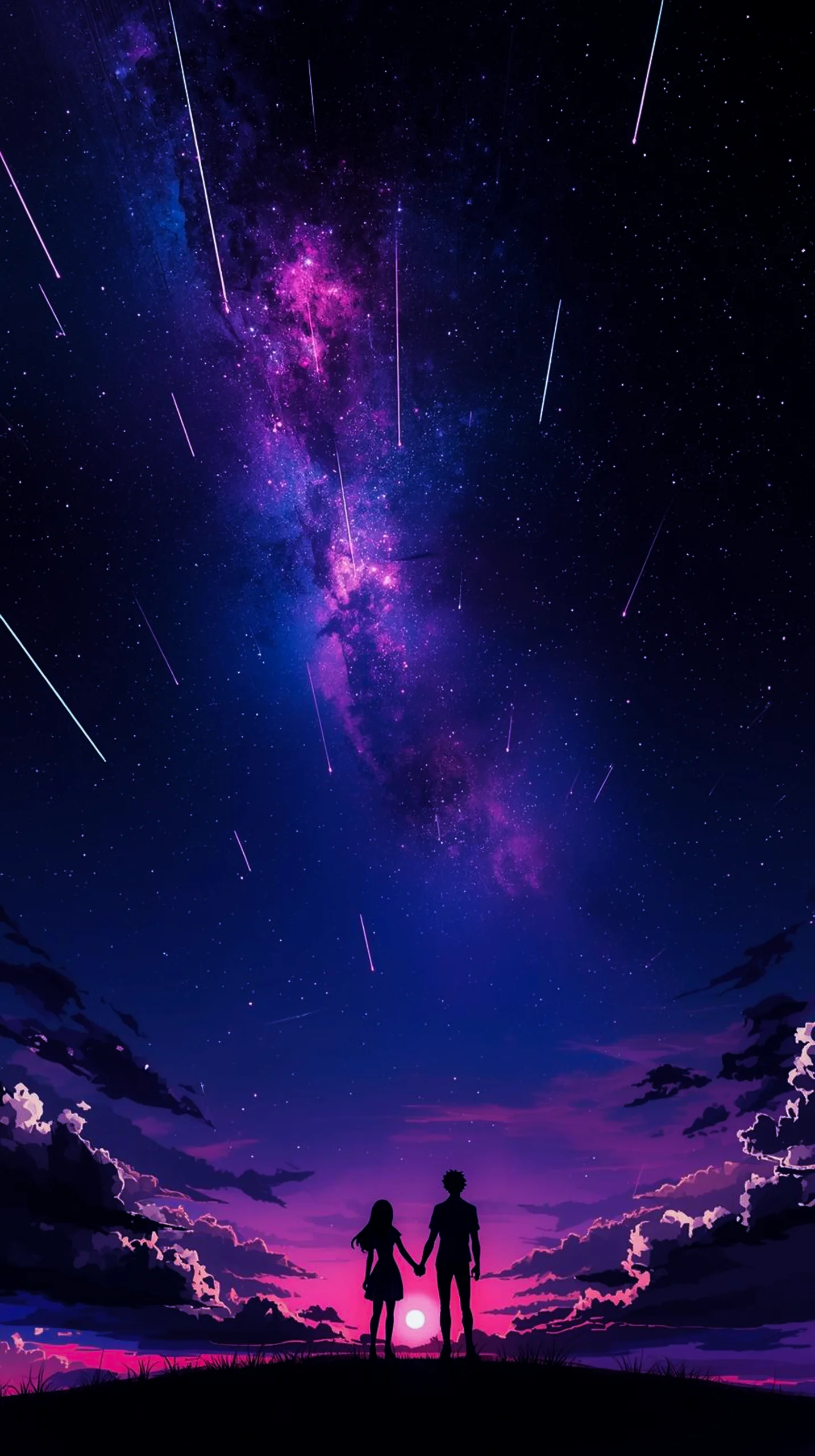 romantic couple under purple starry sky wallpaper for phone 4K