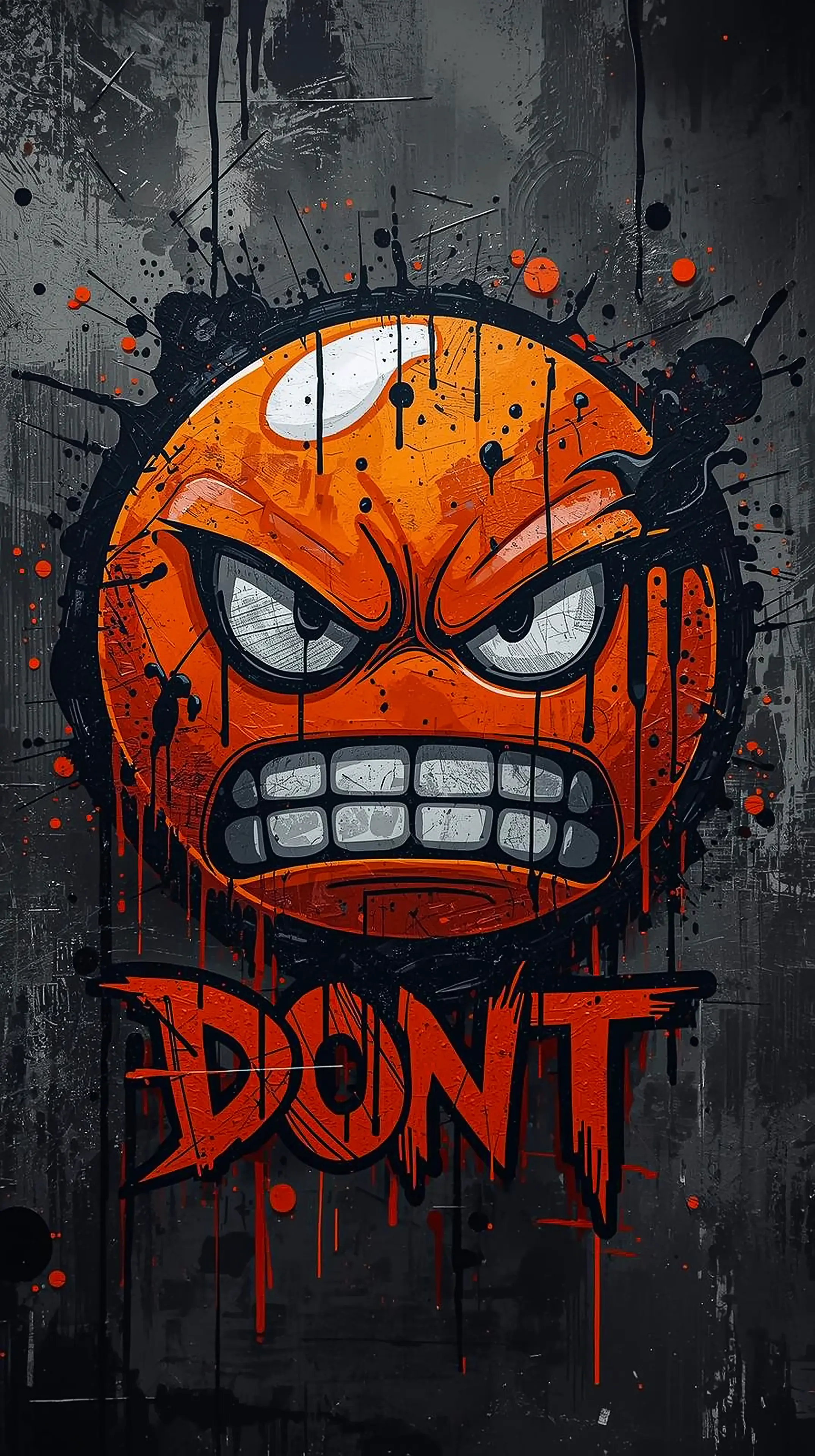 4k wallpaper for mobile Angry Orange Graffiti Face "DON'T", Street Art Rage Emoji with Dripping Paint Splatter on Dark Grunge Background
