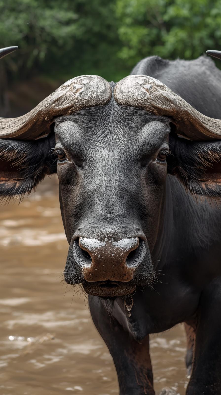 Close-up of a Cape Buffalo's face with intense eyes and large horns.
