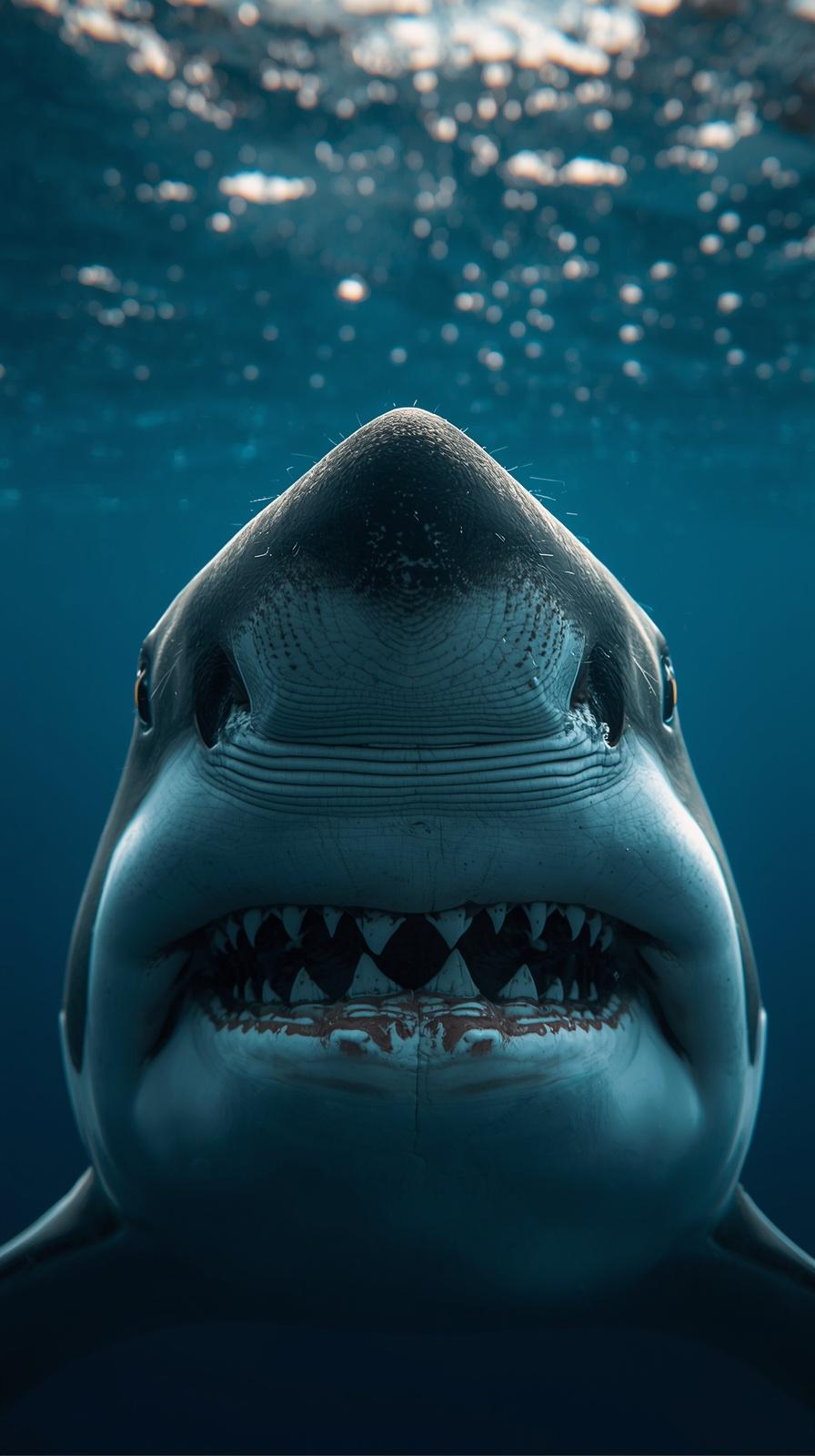 A terrifying close-up of a great white shark swimming in deep dark blue ocean waters.