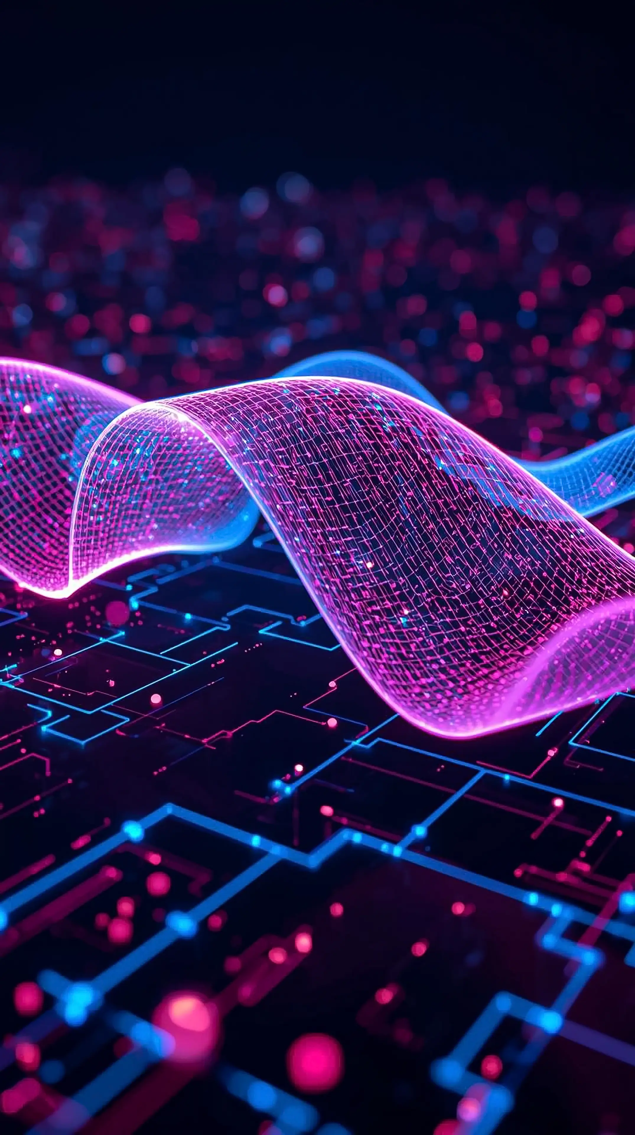 4k wallpaper for mobile Neon Cyber Grid Wave, Futuristic Pink Blue Glowing Digital Mesh Ribbon with Circuit Board Glow o