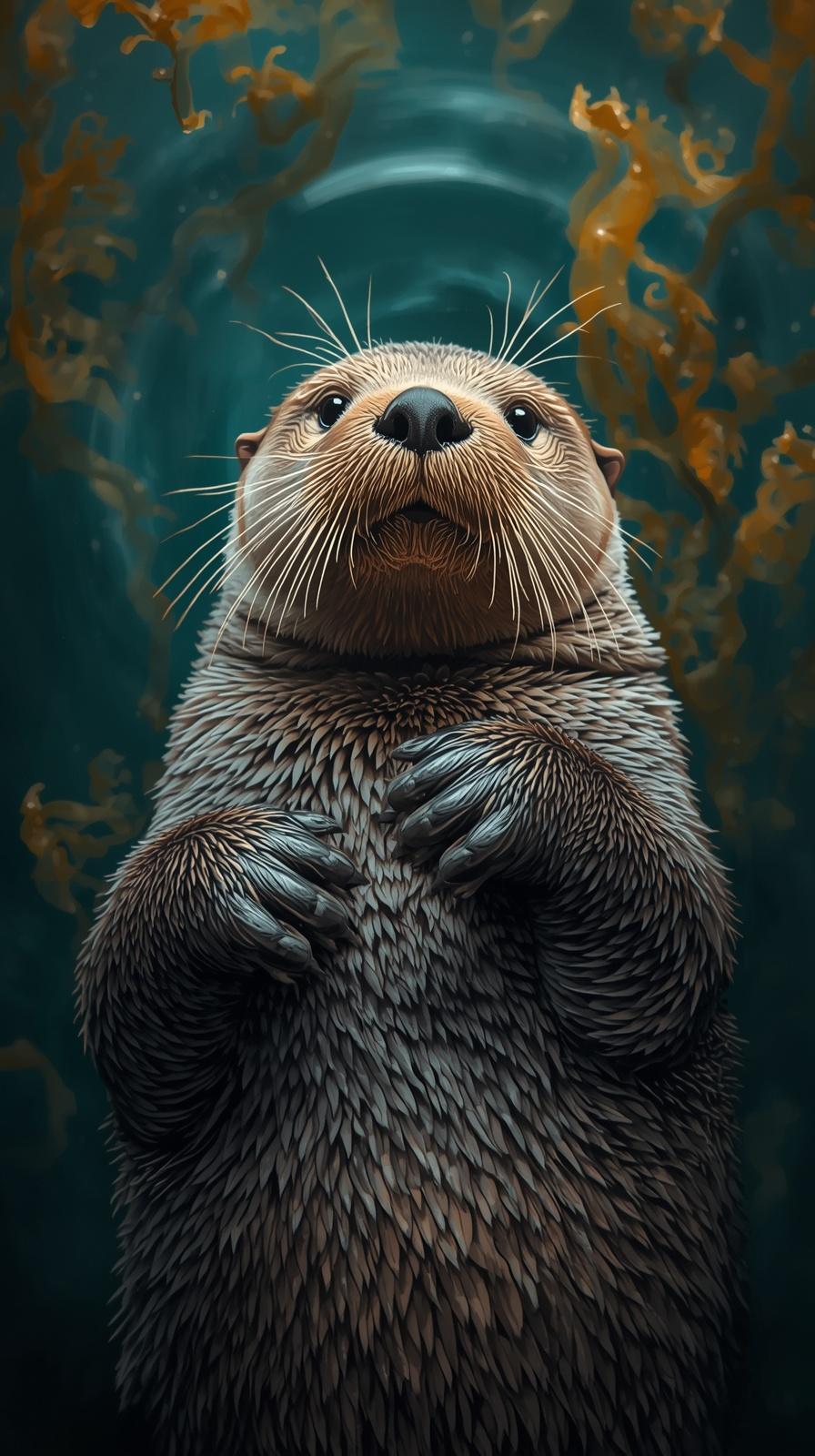 A close-up portrait of an adorable sea otter floating in deep teal ocean water.