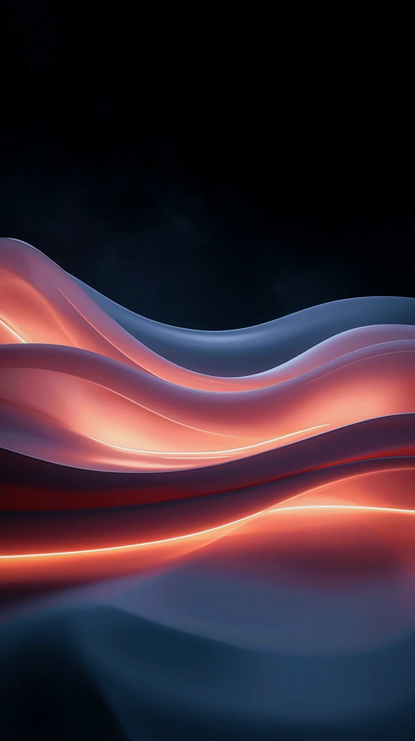 Dark AMOLED mobile wallpaper showcasing abstract glowing waves in shades of orange, red, and blue on a black background.