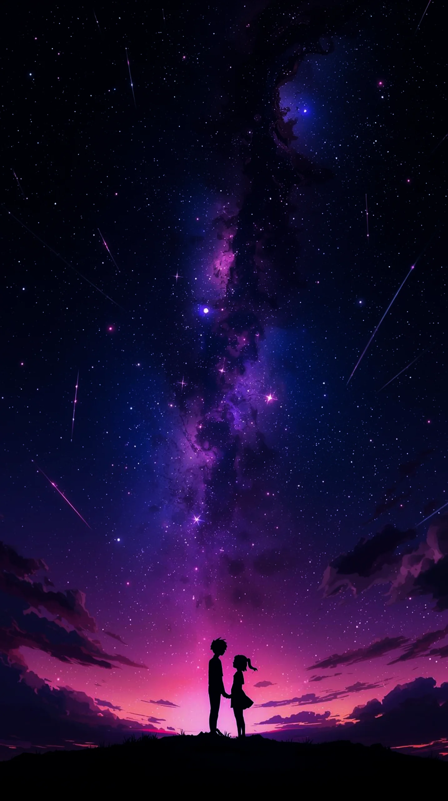 romantic anime couple silhouette galaxy wallpaper for phone 4K