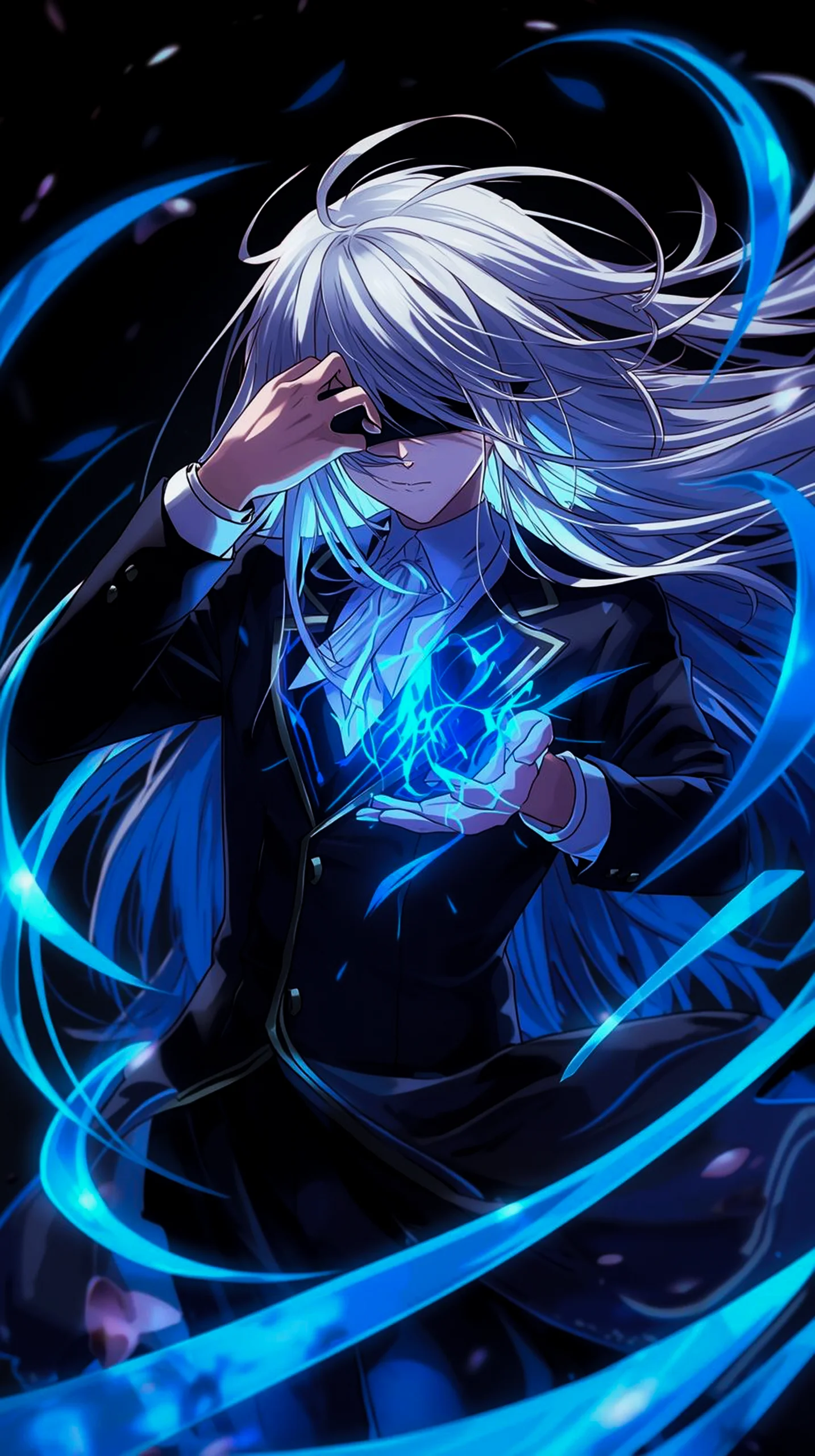 Anime character with white hair and blindfold holding a glowing blue orb, surrounded by blue energy swirls. Ideal for