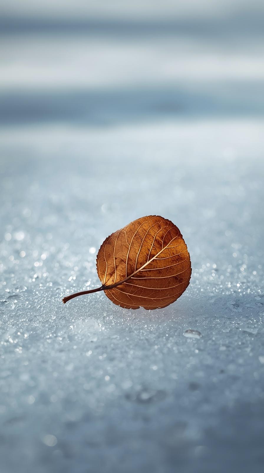 A single brown autumn leaf resting on a textured, icy snow surface in a macro photography style.